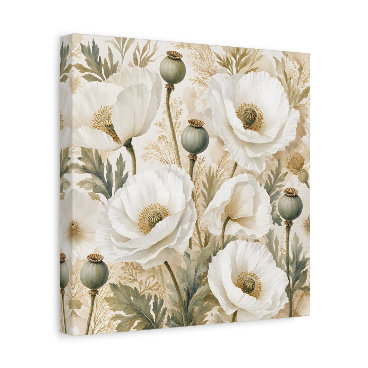 Side Mockup 8. Floral Poppies White Poppies Floral shown as stretched canvas wall art