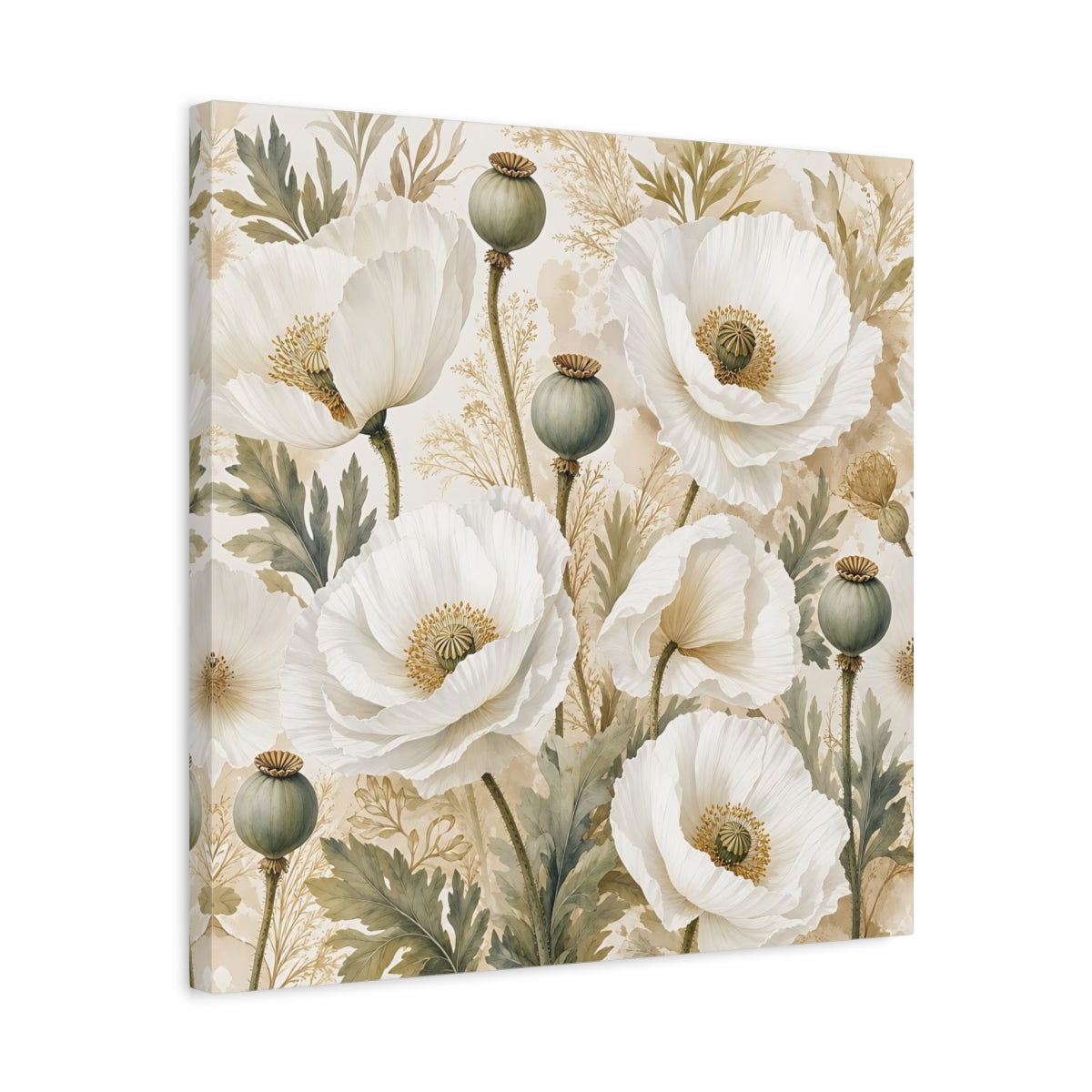Side Mockup 5. Floral Poppies White Poppies Floral shown as stretched canvas wall art