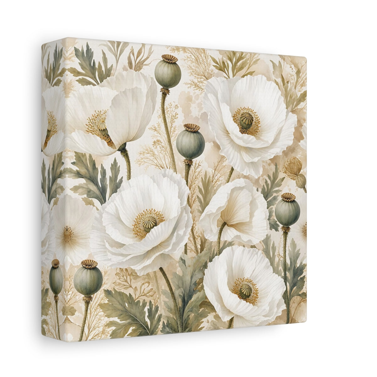 Side Mockup 2. Floral Poppies White Poppies Floral shown as stretched canvas wall art