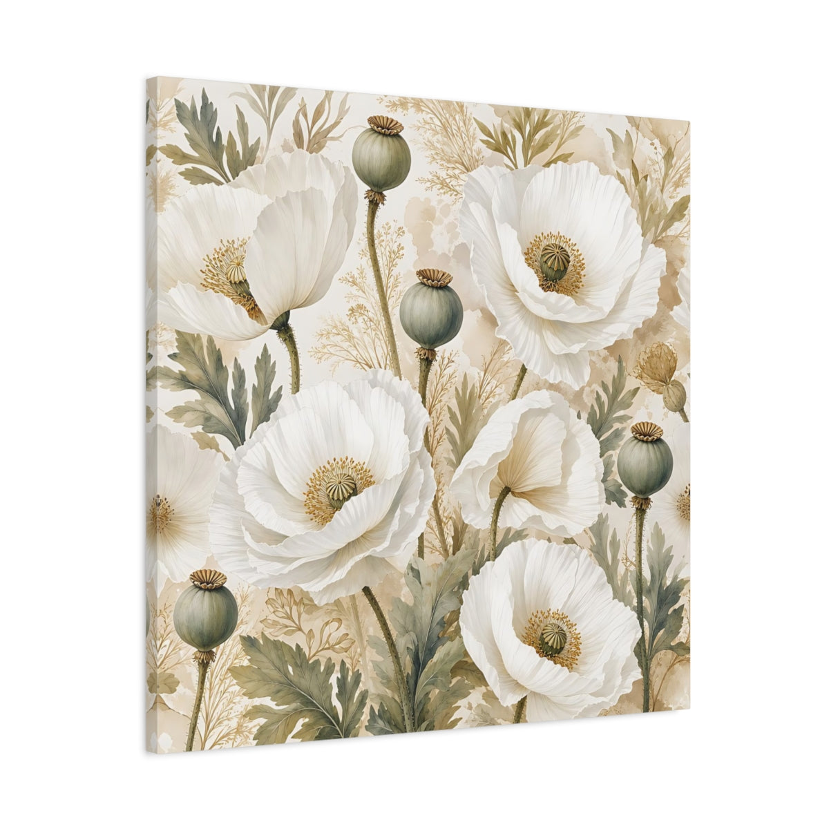Side Mockup 3. Floral Poppies White Poppies Floral shown as stretched canvas wall art
