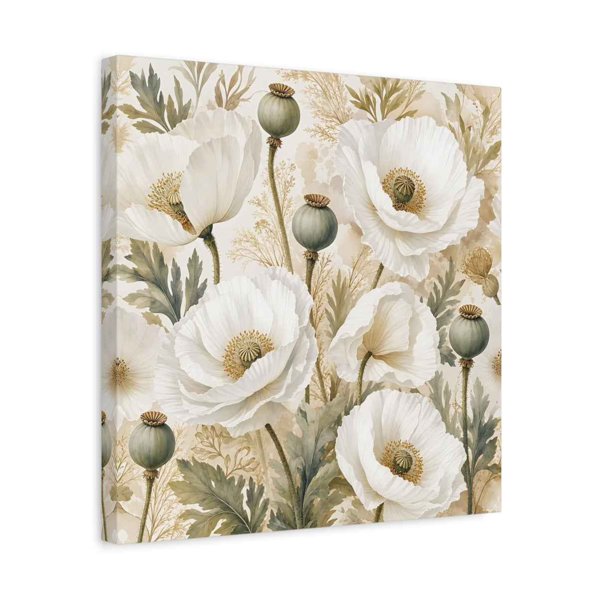 Side Mockup 6. Floral Poppies White Poppies Floral shown as stretched canvas wall art