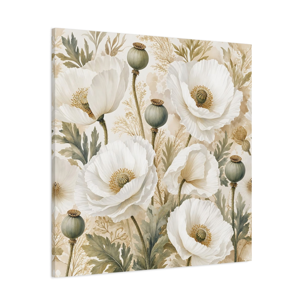 Side Mockup 1. Floral Poppies White Poppies Floral shown as stretched canvas wall art