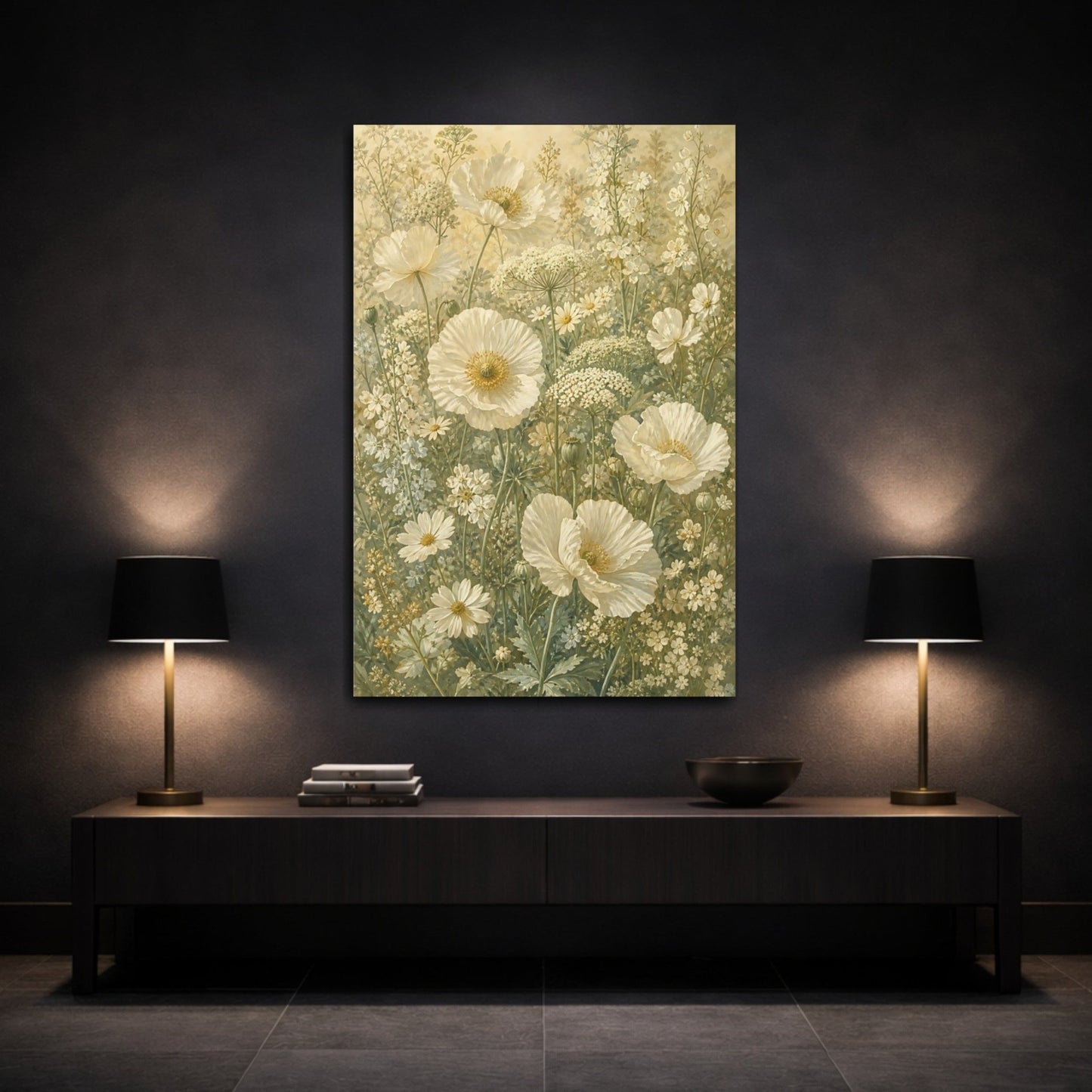 Floral Poppies White Canvas Print Wall Art – Botanical Living Room, Large - YesArtYes