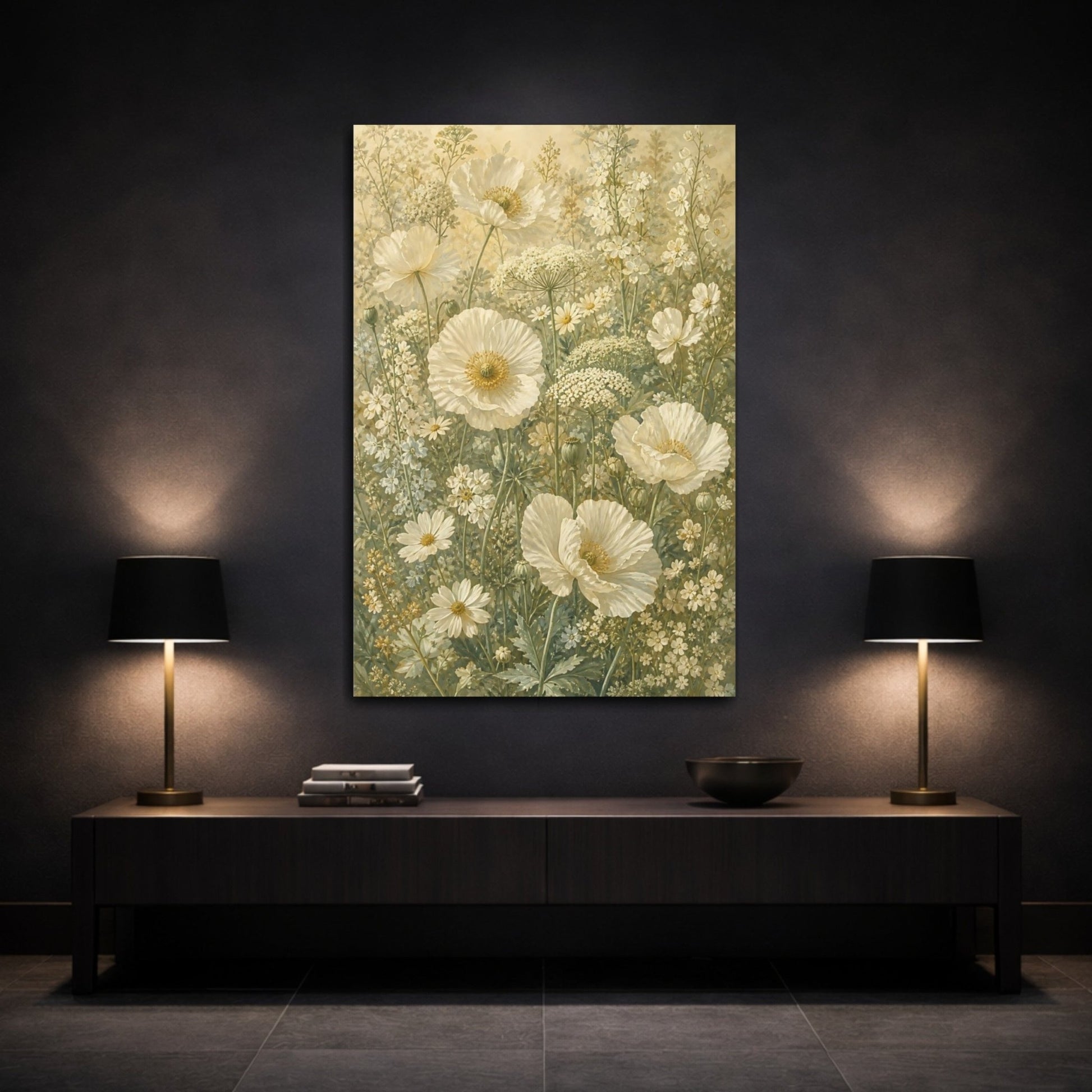Floral Poppies White Canvas Print Wall Art – Botanical Living Room, Large - YesArtYes