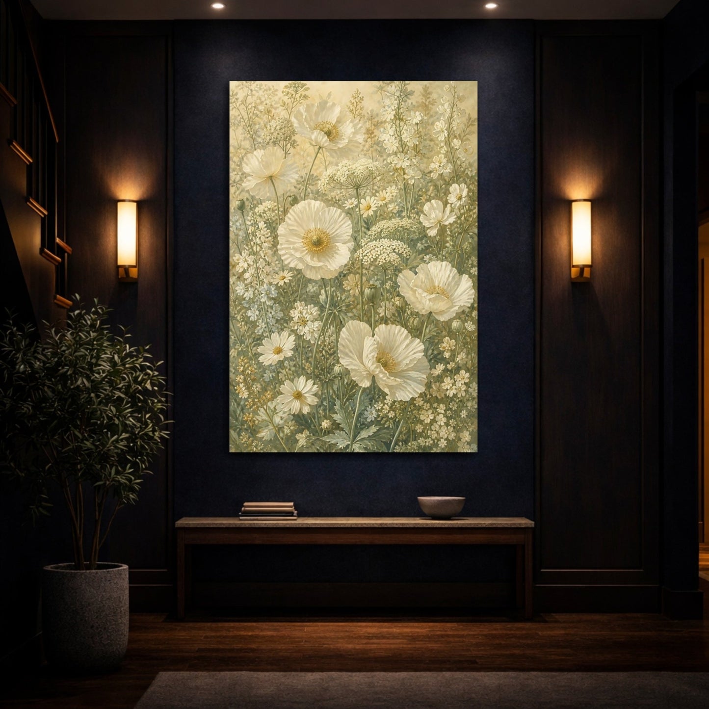 Floral Poppies White Canvas Print Wall Art – Botanical Living Room, Large - YesArtYes