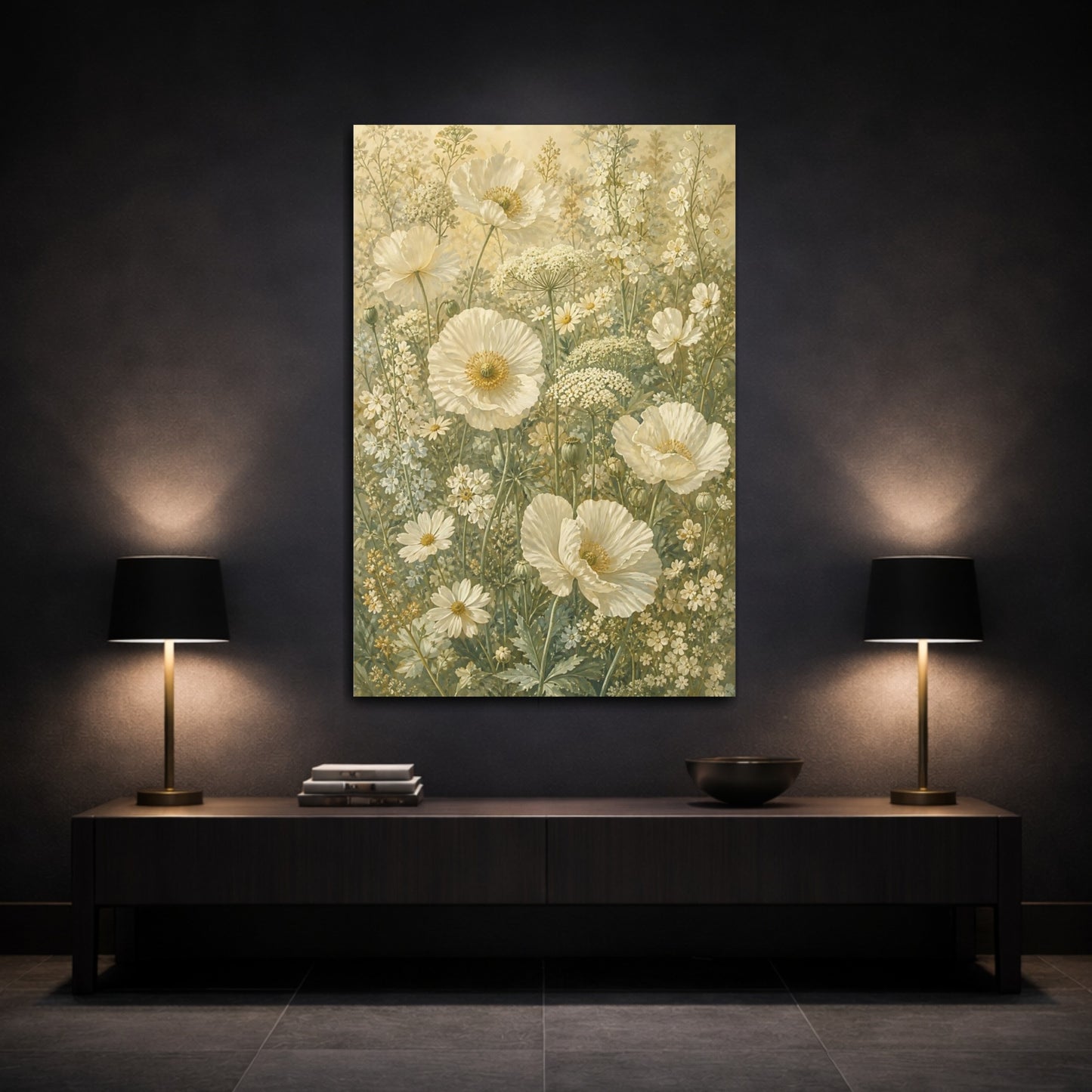 Mockup 3. Floral Poppies White Floral shown as canvas print