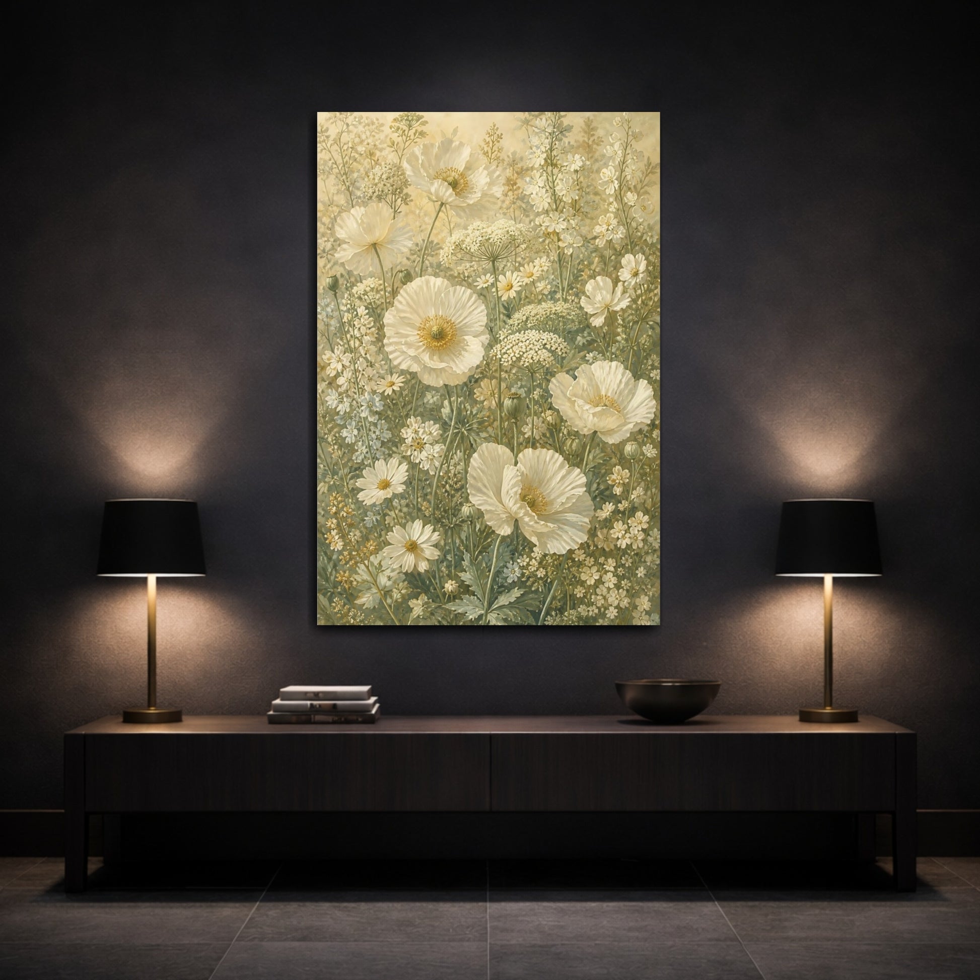 Mockup 3. Floral Poppies White Floral shown as canvas print