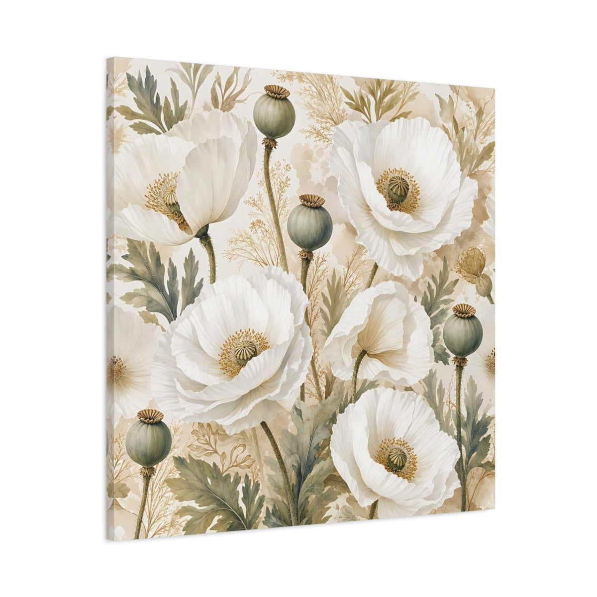 Main Mockup. Floral Poppies White Poppies Floral shown as stretched canvas wall art