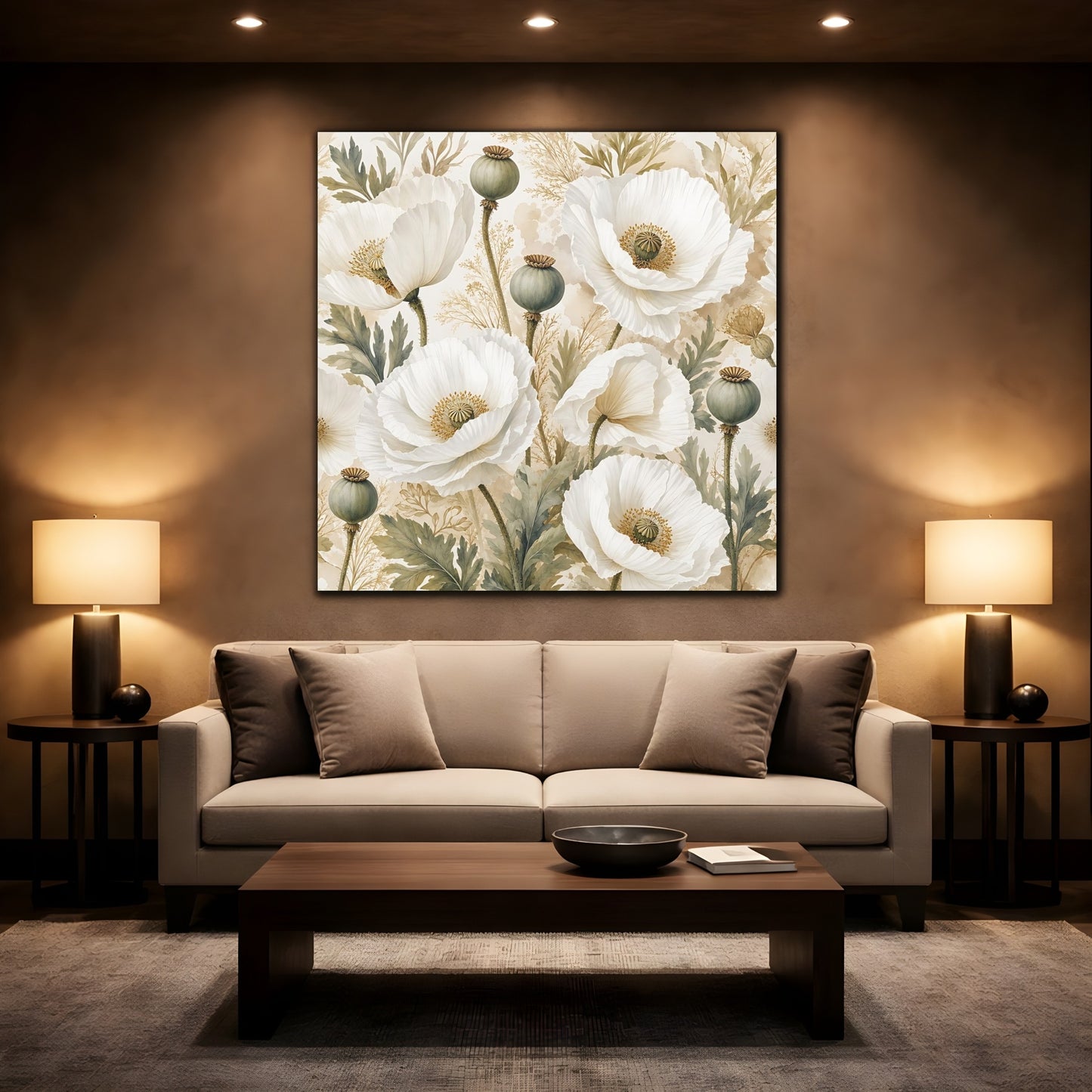 Mockup 2. Floral Poppies White Poppies Floral shown as stretched canvas wall art