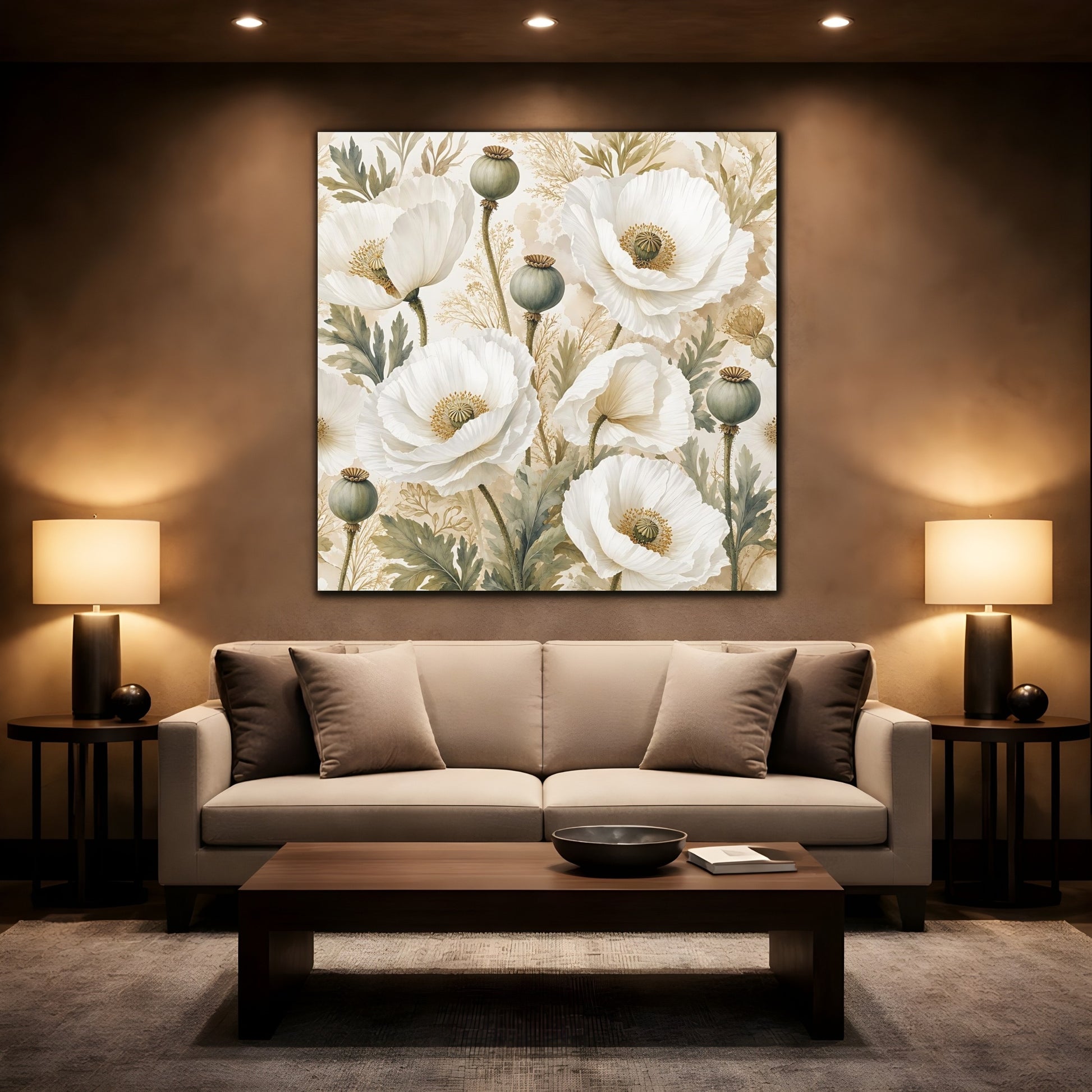 Mockup 2. Floral Poppies White Poppies Floral shown as stretched canvas wall art