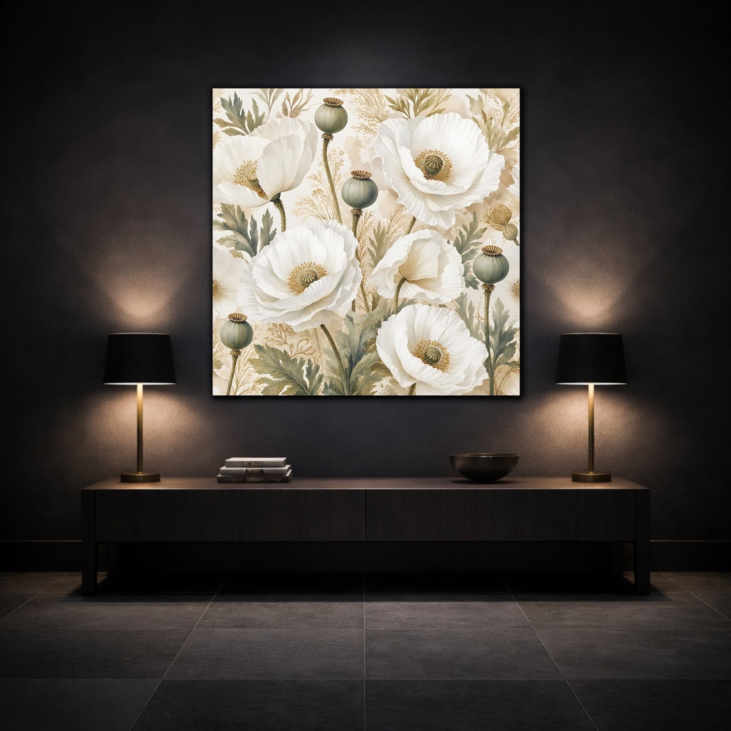 Mockup 3. Floral Poppies White Poppies Floral shown as stretched canvas wall art