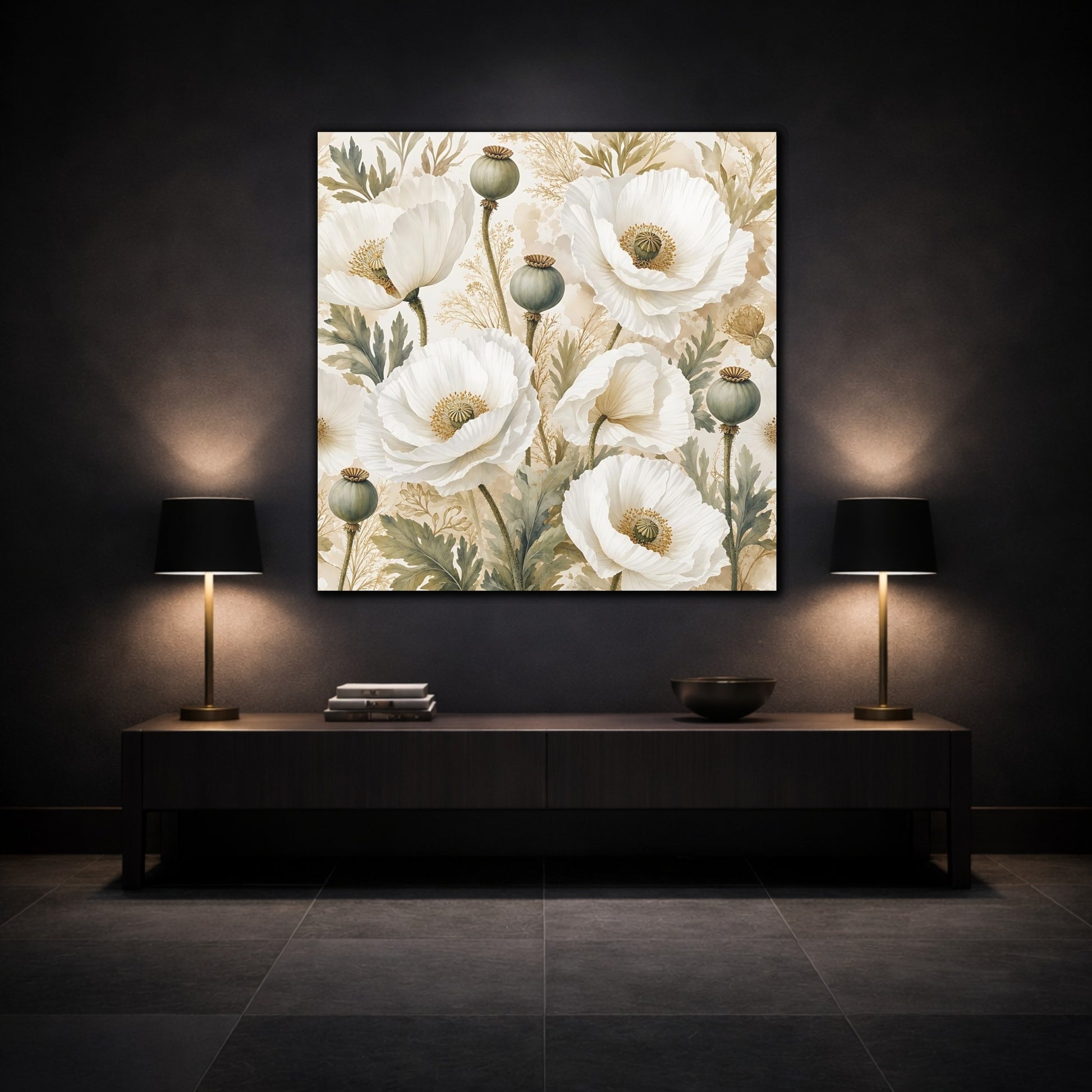 Mockup 3. Floral Poppies White Poppies Floral shown as stretched canvas wall art