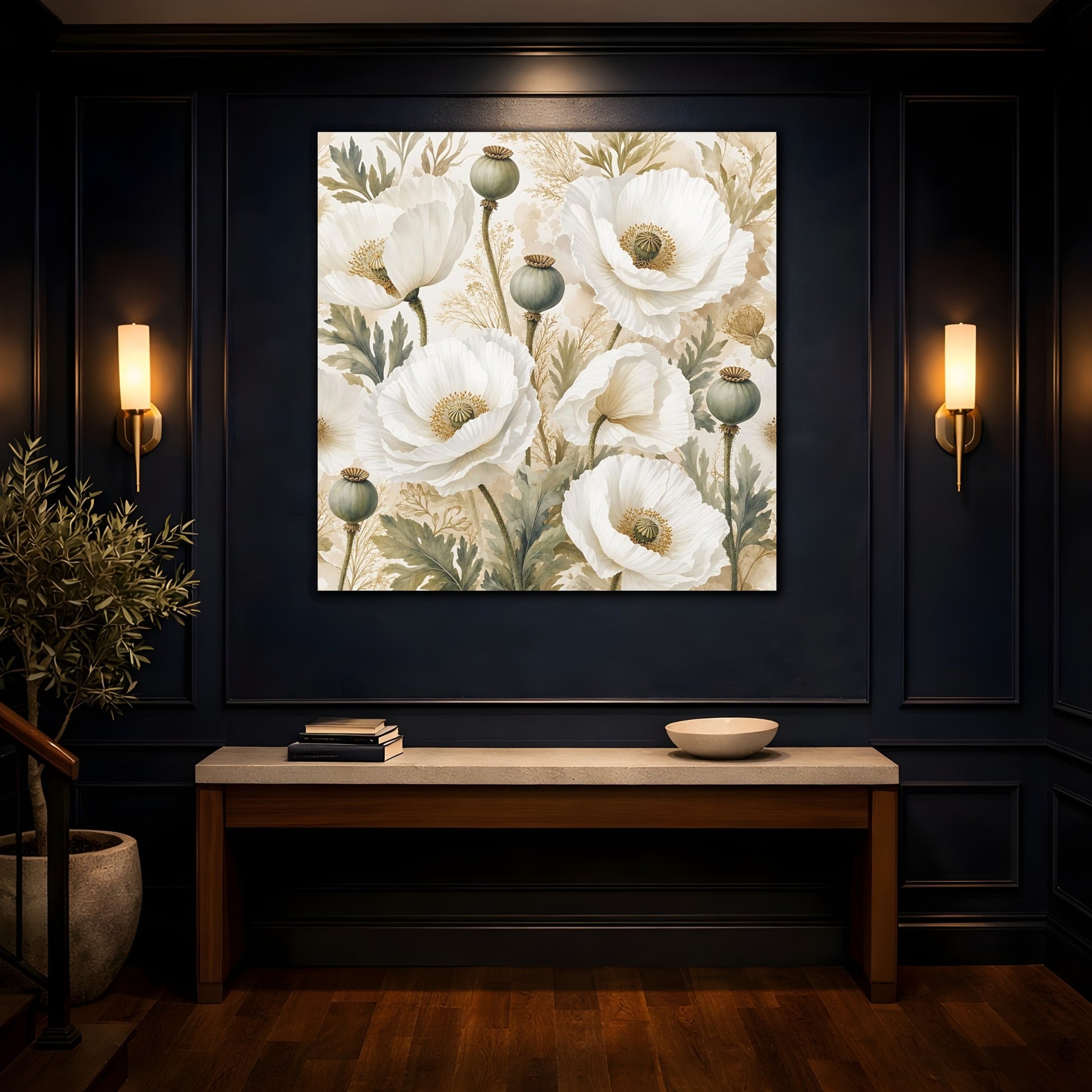Mockup 4. Floral Poppies White Poppies Floral shown as stretched canvas wall art
