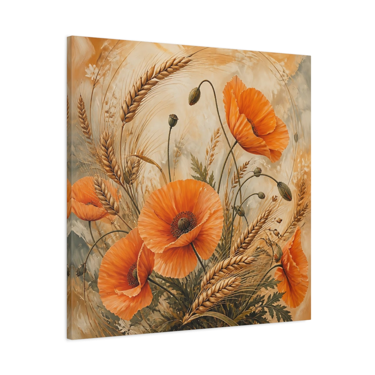 Main Mockup. Floral Poppies, Wheat Orange Poppies Wheat shown as stretched canvas wall art