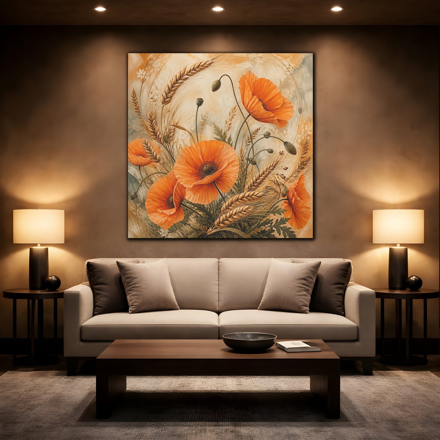 Mockup 2. Floral Poppies, Wheat Orange Poppies Wheat shown as stretched canvas wall art