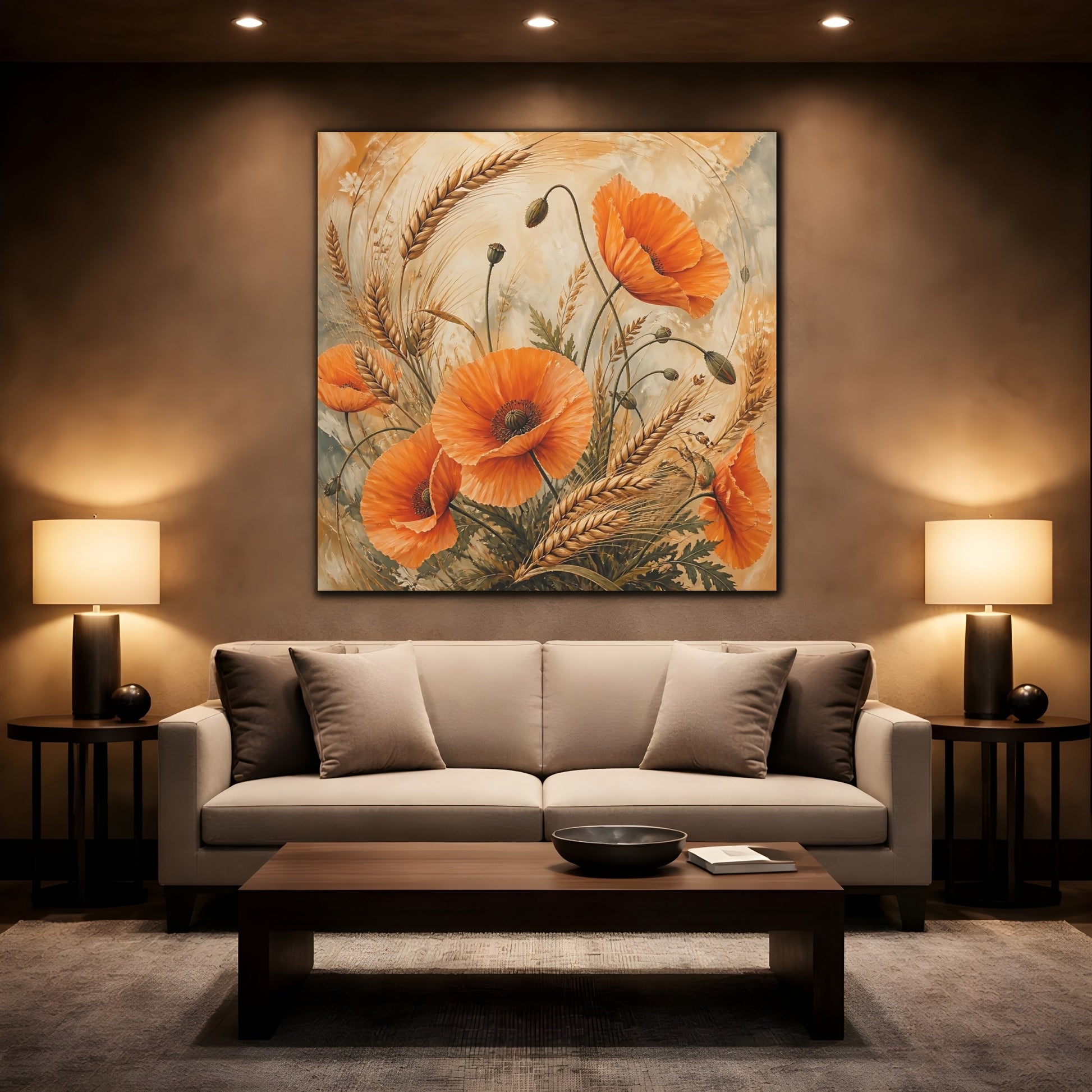 Mockup 2. Floral Poppies, Wheat Orange Poppies Wheat shown as stretched canvas wall art