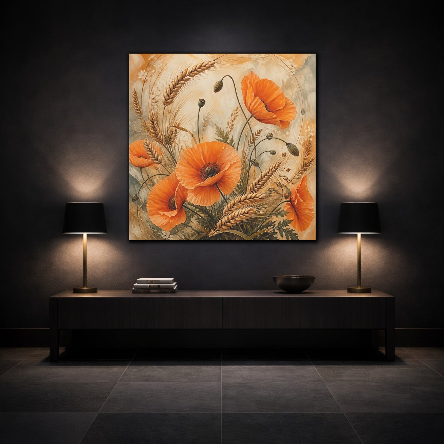 Mockup 3. Floral Poppies, Wheat Orange Poppies Wheat shown as stretched canvas wall art