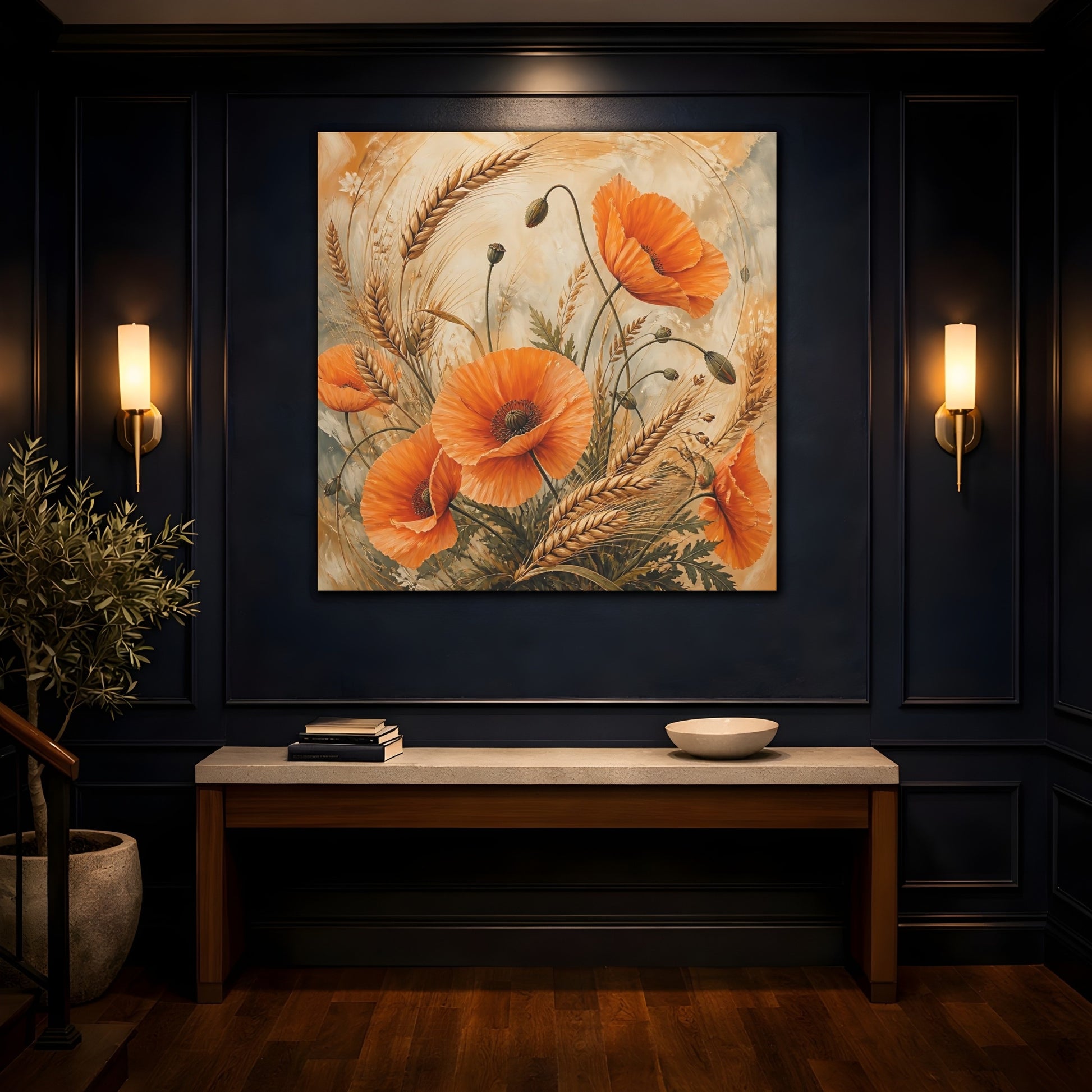 Mockup 4. Floral Poppies, Wheat Orange Poppies Wheat shown as stretched canvas wall art