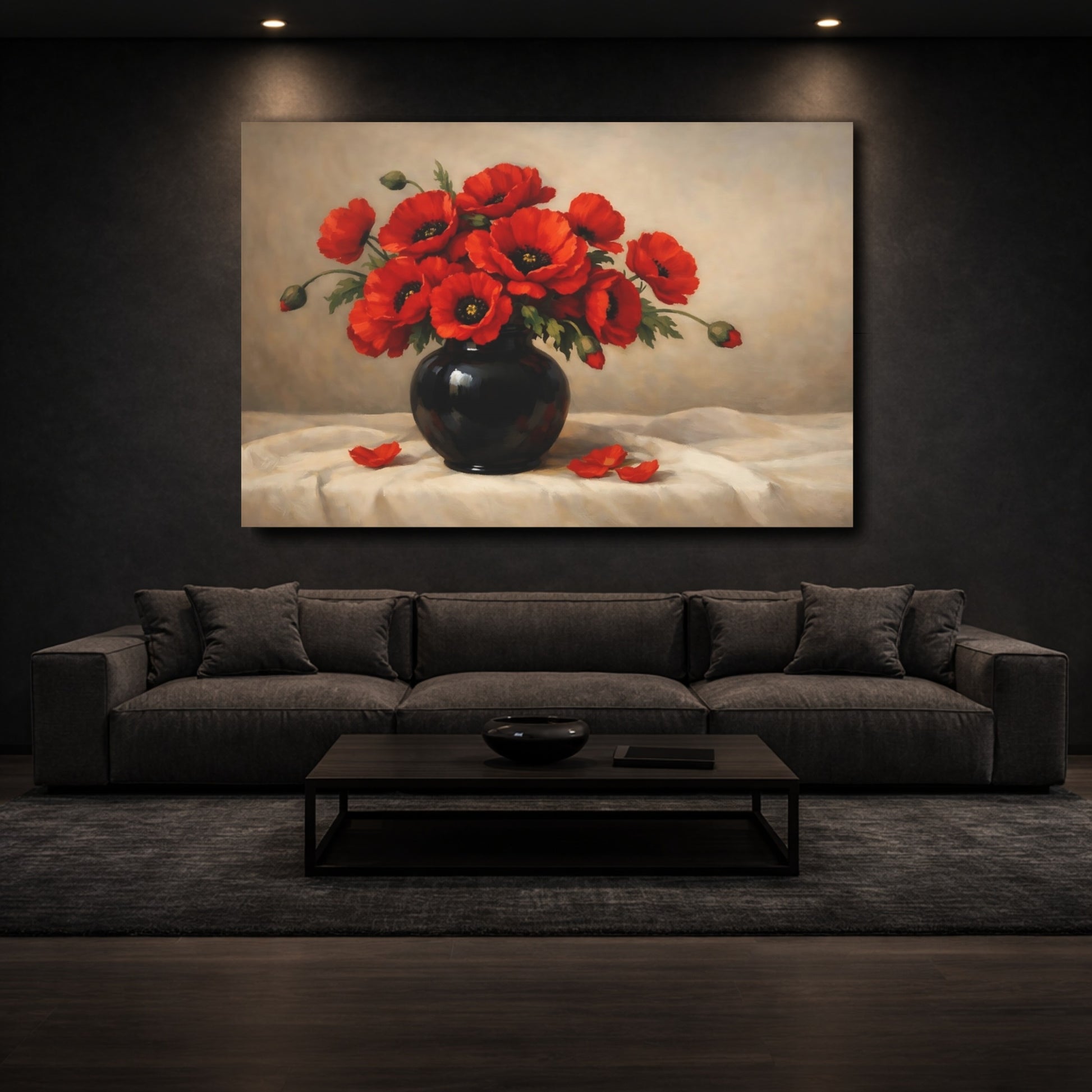 Mockup 2. Floral Poppy Bouquet Red Poppies Still Life shown as stretched canvas wall art