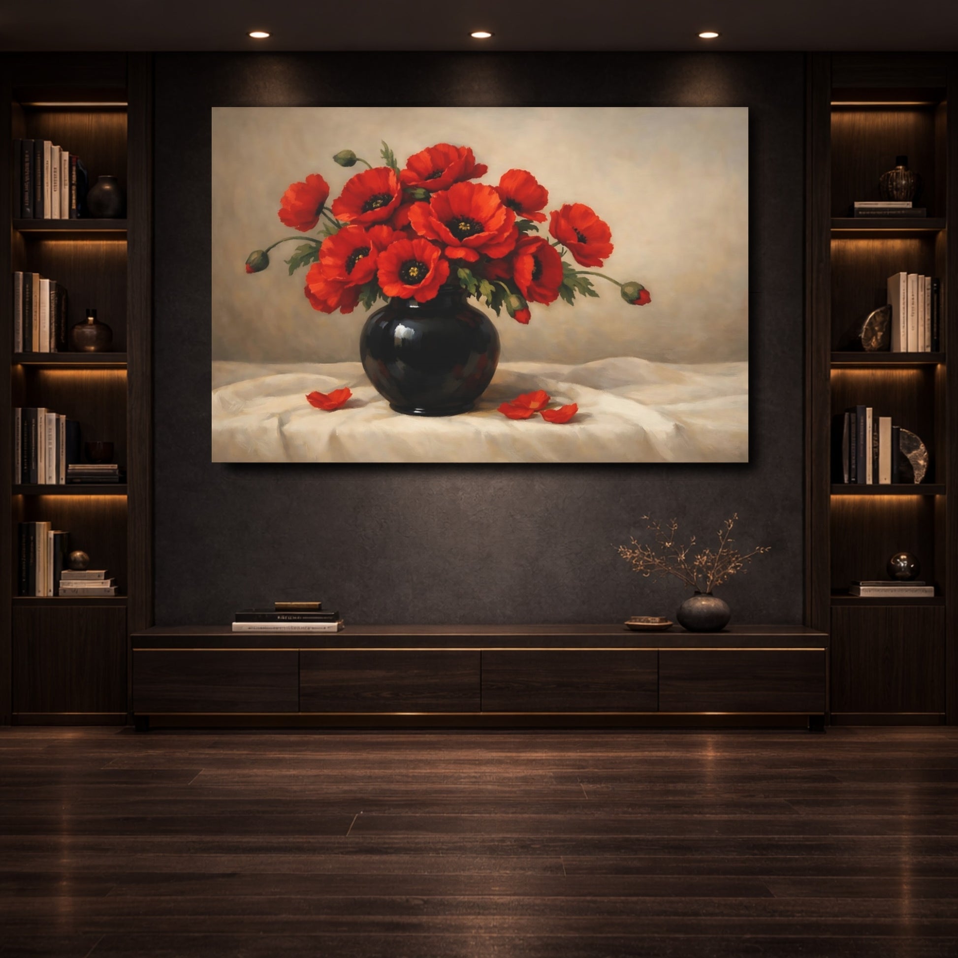 Mockup 3. Floral Poppy Bouquet Red Poppies Still Life shown as stretched canvas wall art