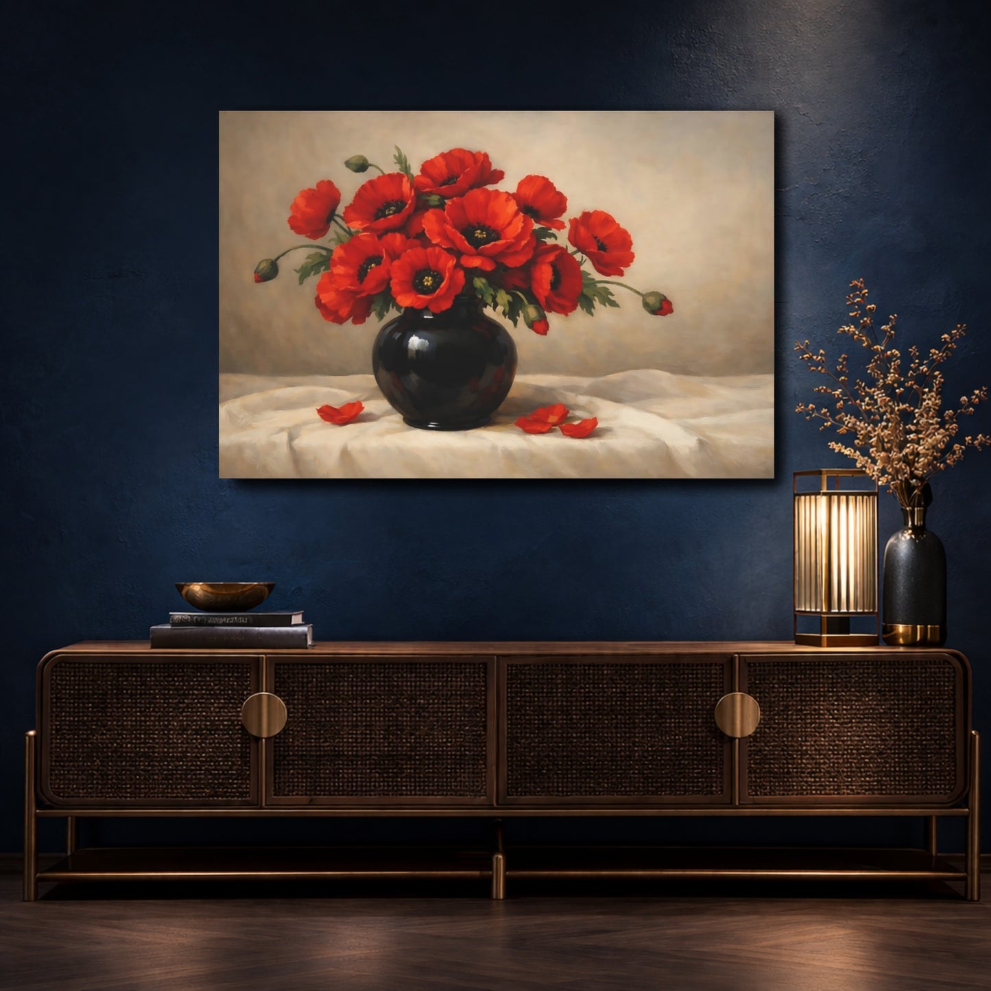 Mockup 4. Floral Poppy Bouquet Red Poppies Still Life shown as stretched canvas wall art