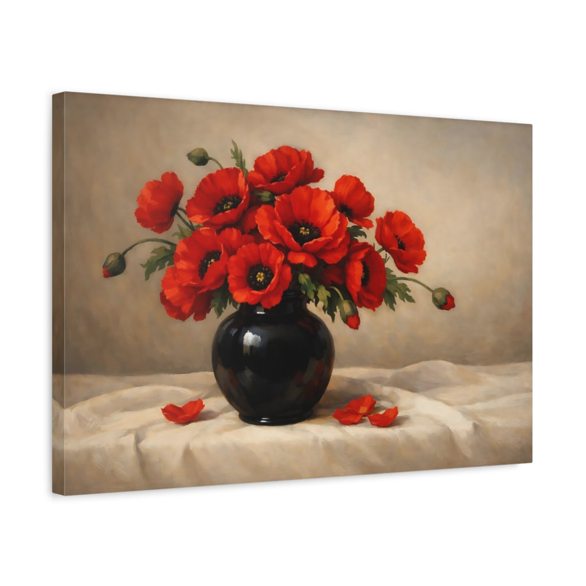 Side Mockup 3. Floral Poppy Bouquet Red Poppies Still Life shown as stretched canvas wall art