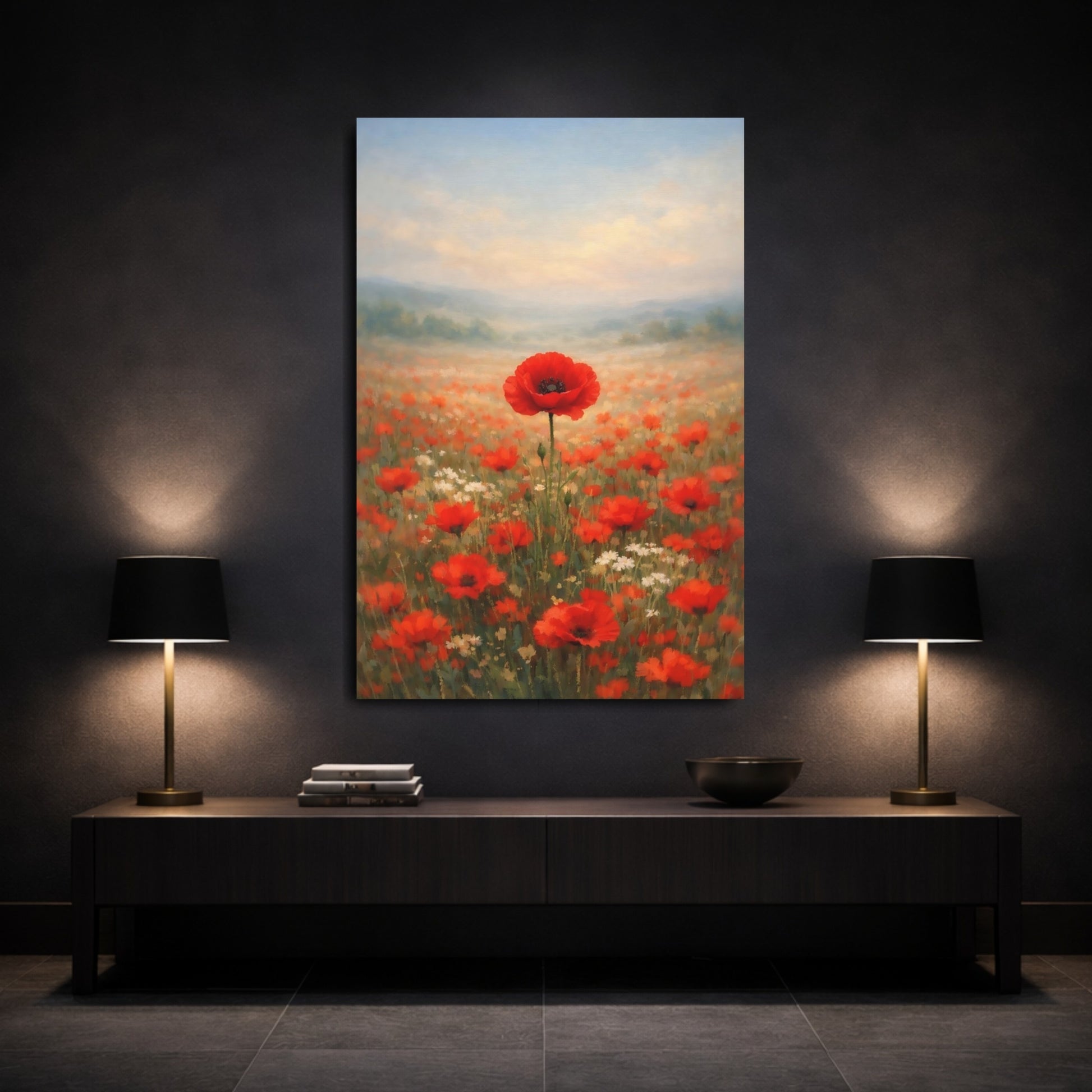 Floral Poppy Field Red Poppies shown as front canvas room wall art