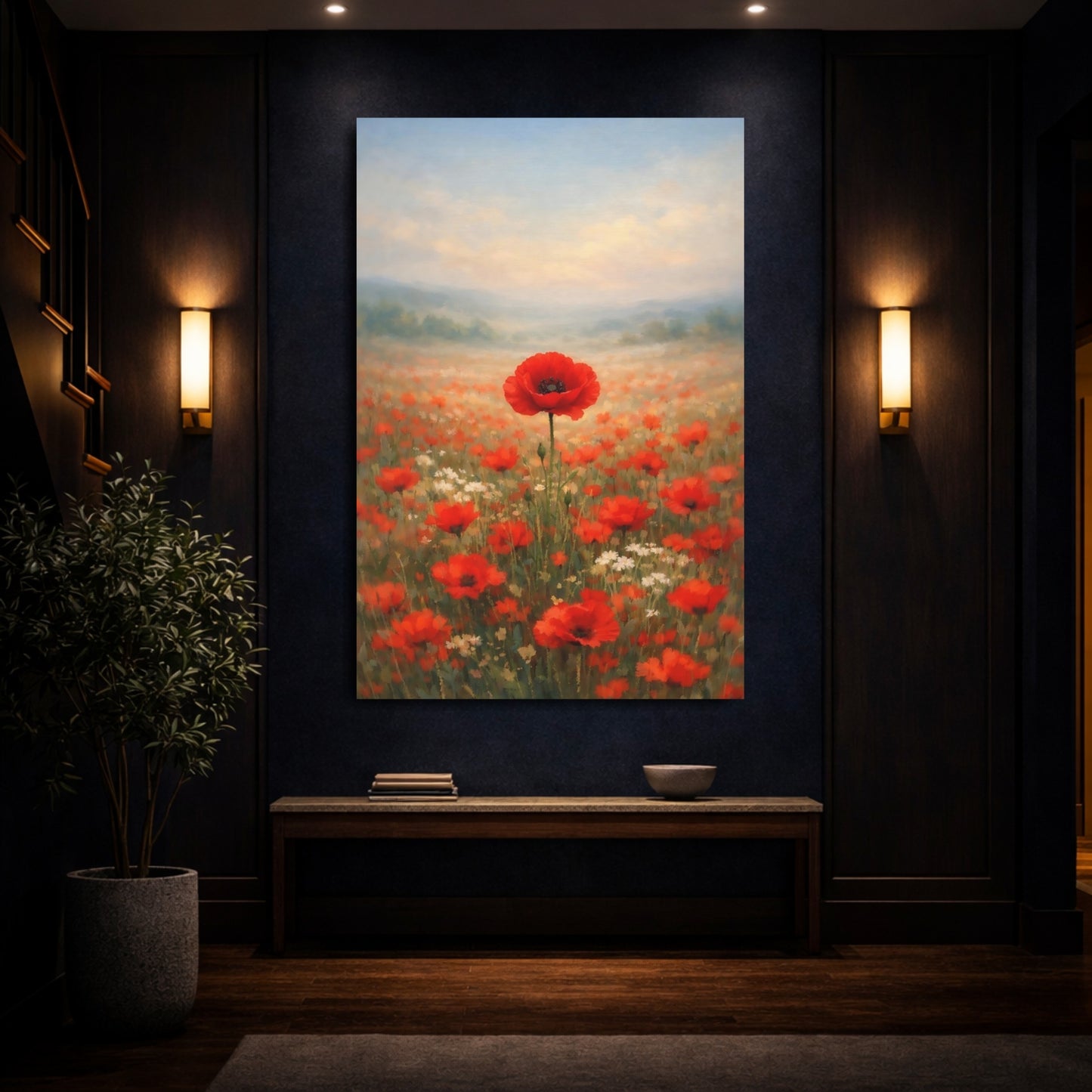 Floral Poppy Field Red Poppies shown as front canvas room wall art