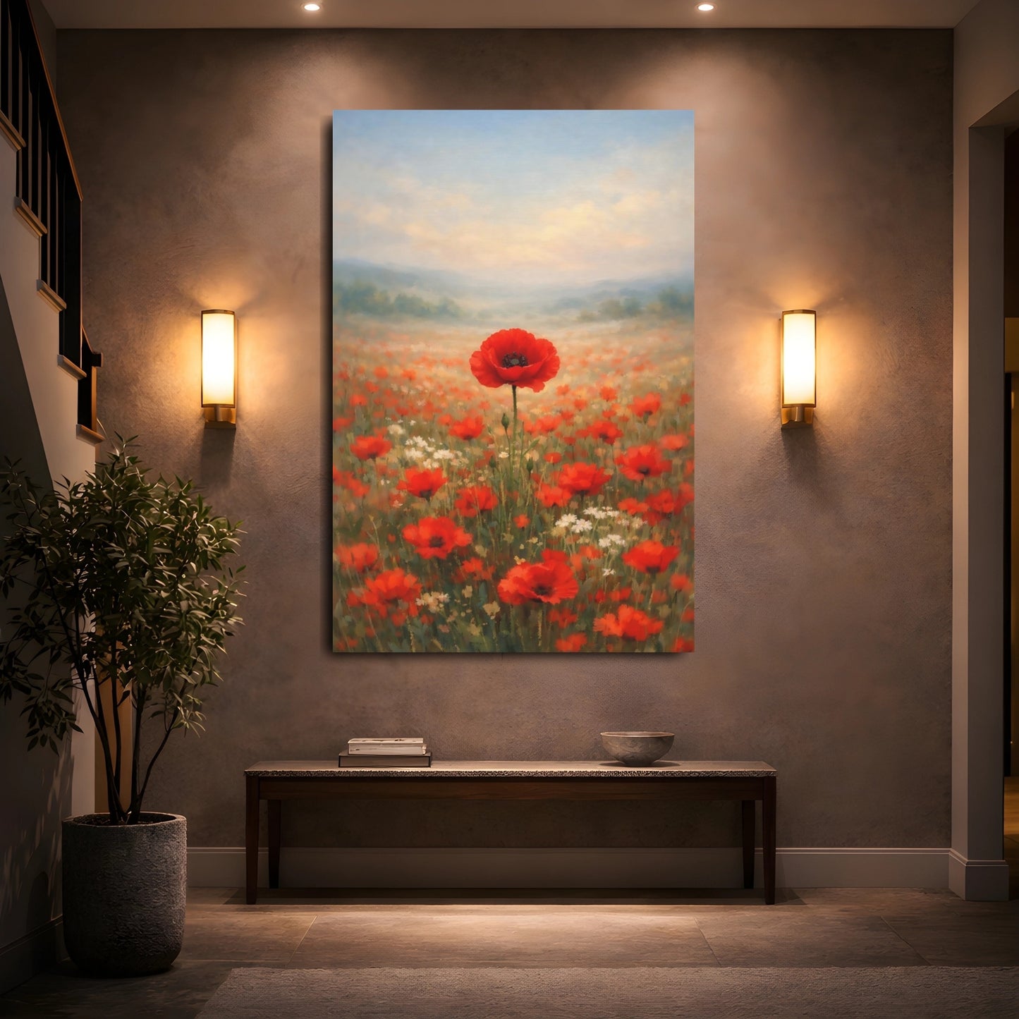 Floral Poppy Field Red Poppies shown as front canvas room wall art