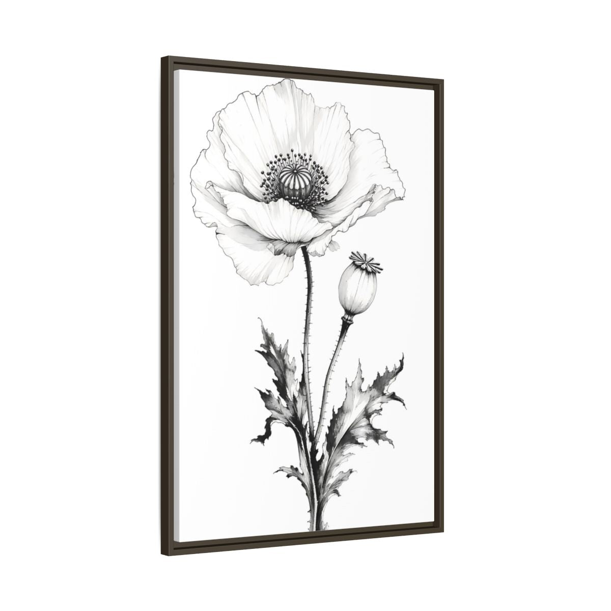 Main Mockup. Floral Poppy Flower Black And White Botanical shown as framed canvas print