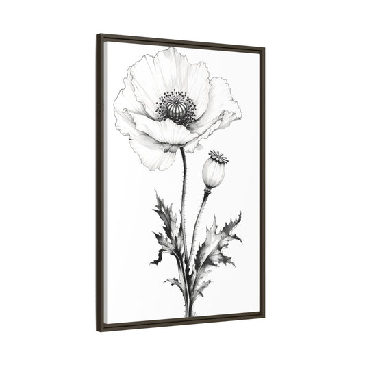 Main Mockup. Floral Poppy Flower Black And White Botanical shown as framed canvas print
