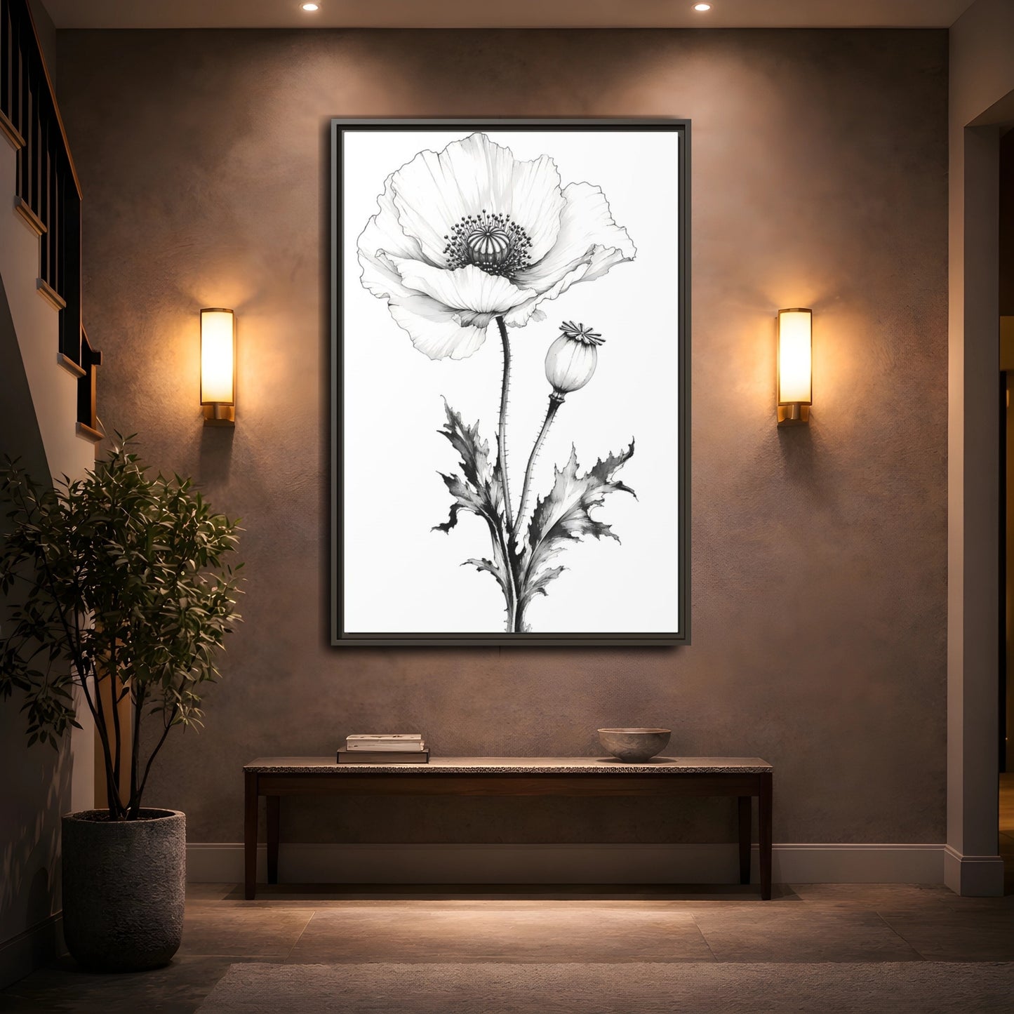 Mockup 2. Floral Poppy Flower Black And White Botanical shown as framed canvas print