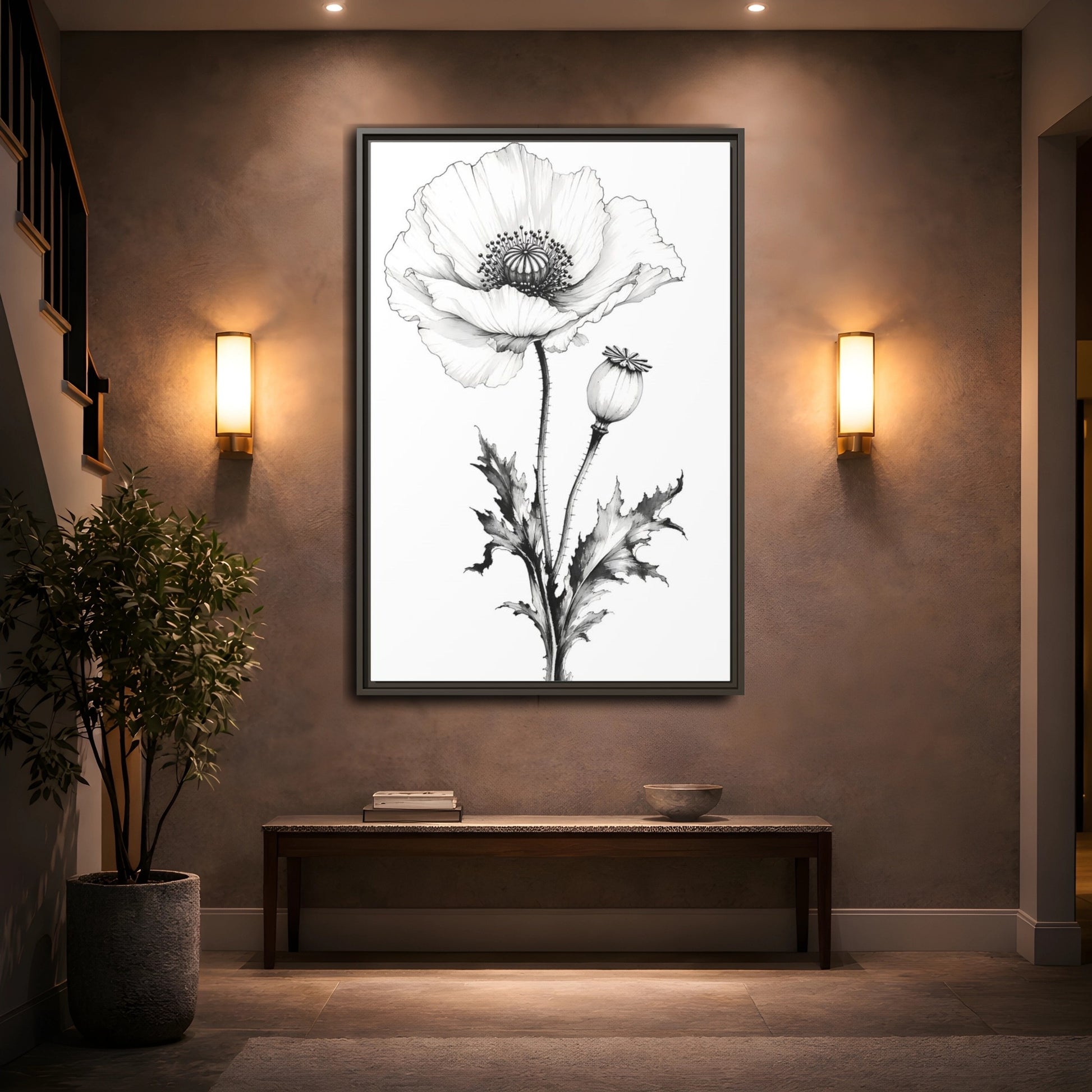 Mockup 2. Floral Poppy Flower Black And White Botanical shown as framed canvas print