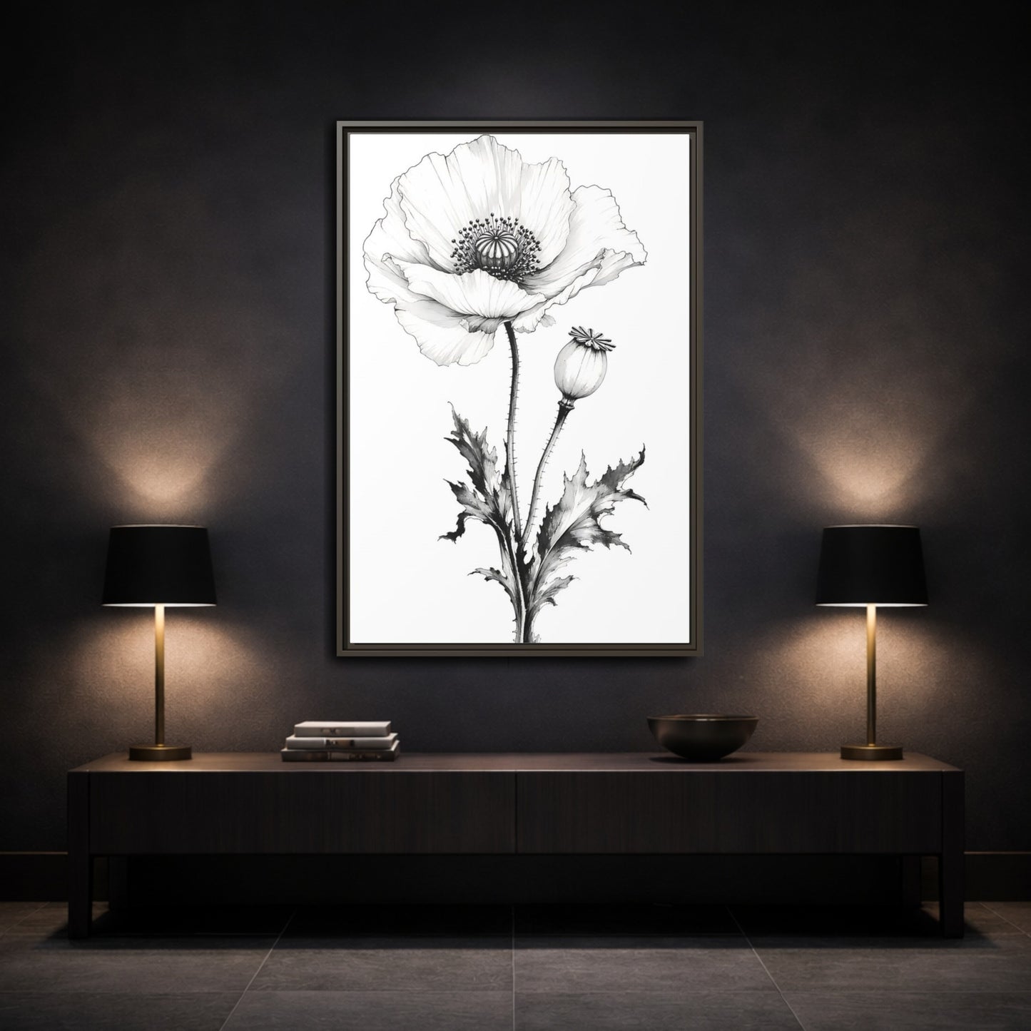 Mockup 3. Floral Poppy Flower Black And White Botanical shown as framed canvas print