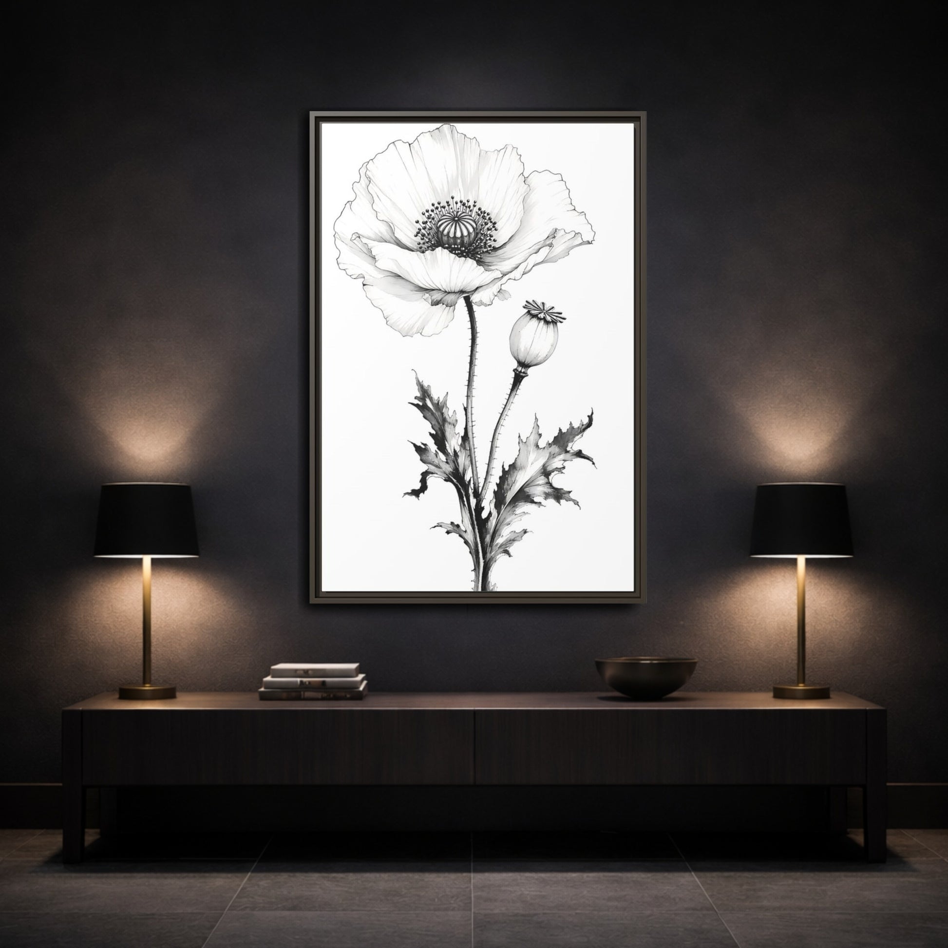 Mockup 3. Floral Poppy Flower Black And White Botanical shown as framed canvas print