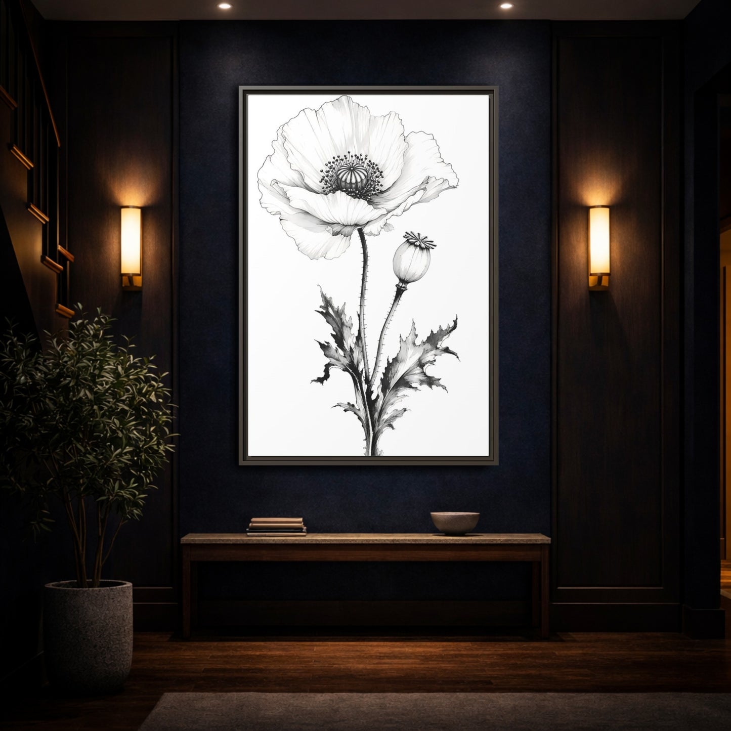 Mockup 4. Floral Poppy Flower Black And White Botanical shown as framed canvas print