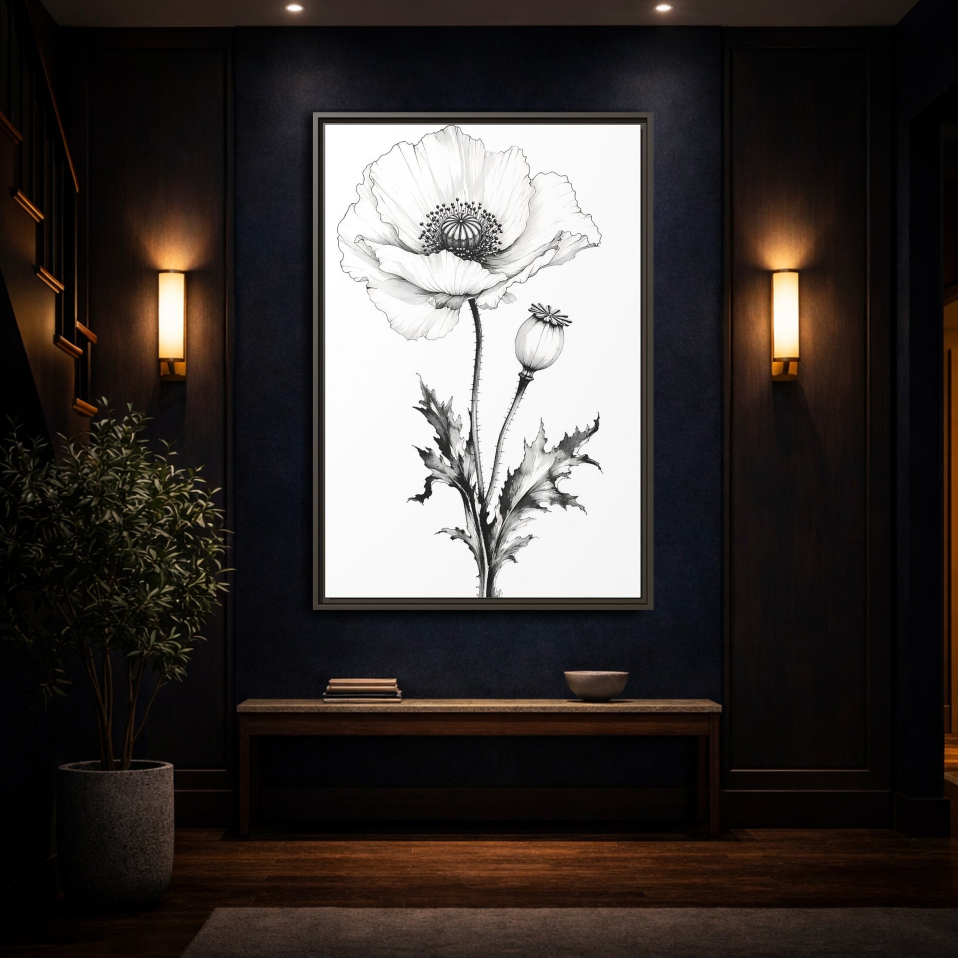 Mockup 4. Floral Poppy Flower Black And White Botanical shown as framed canvas print
