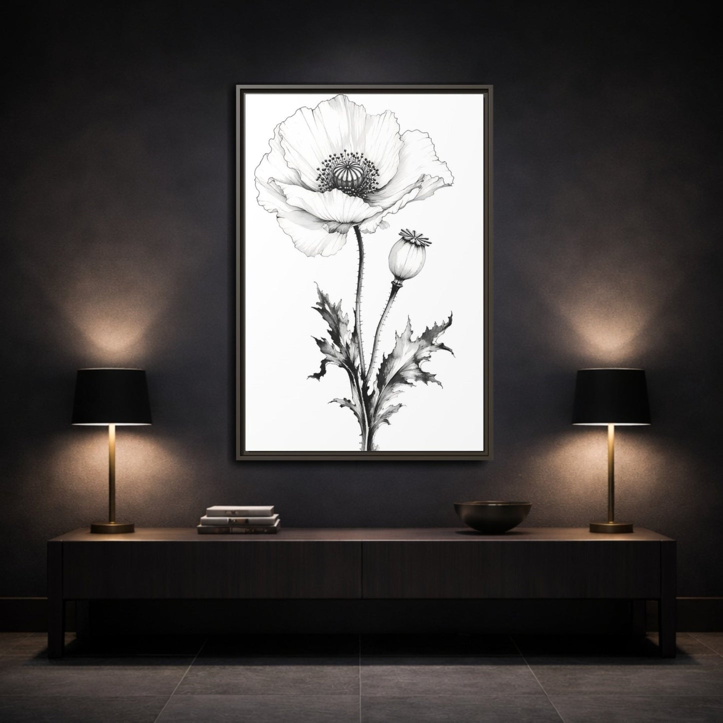 Floral Poppy Flower Black And White Framed Canvas Print – botanical Living Room, Above Fireplace - YesArtYes