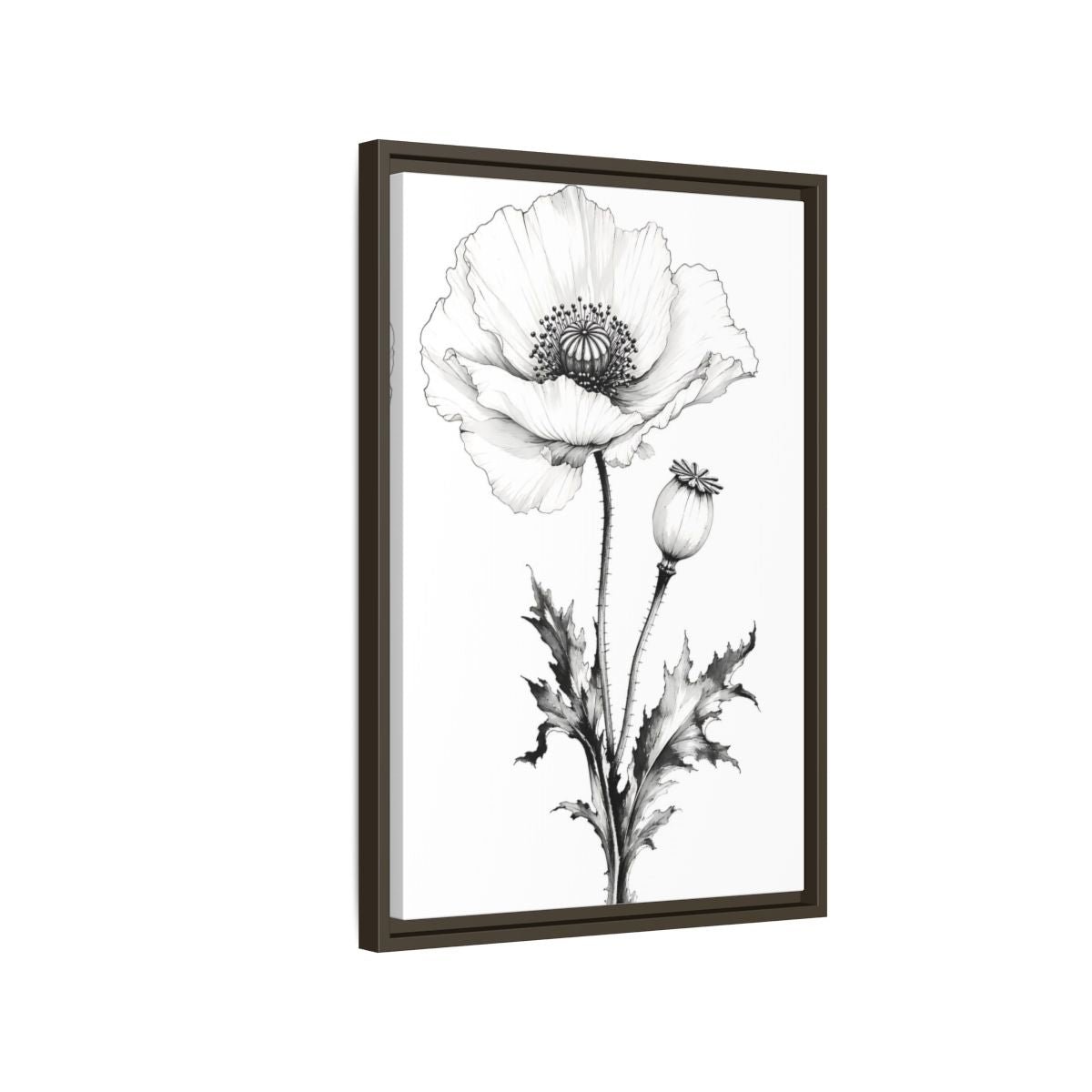 Side Mockup 2. Floral Poppy Flower Black And White Botanical shown as framed canvas print