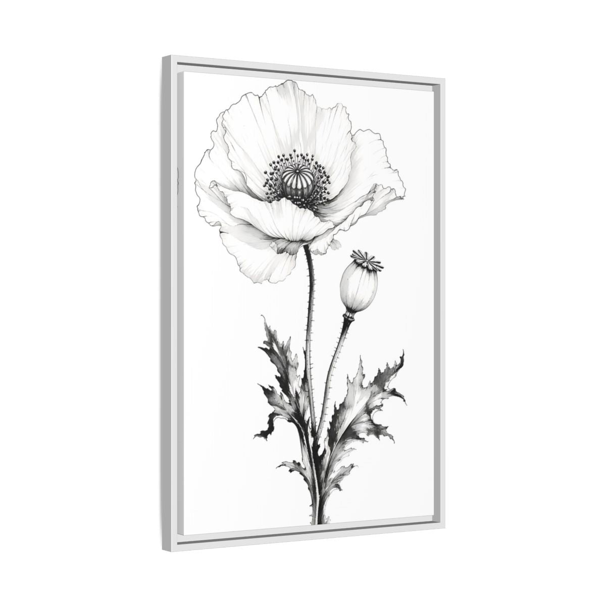 Side Mockup 10. Floral Poppy Flower Black And White Botanical shown as framed canvas print