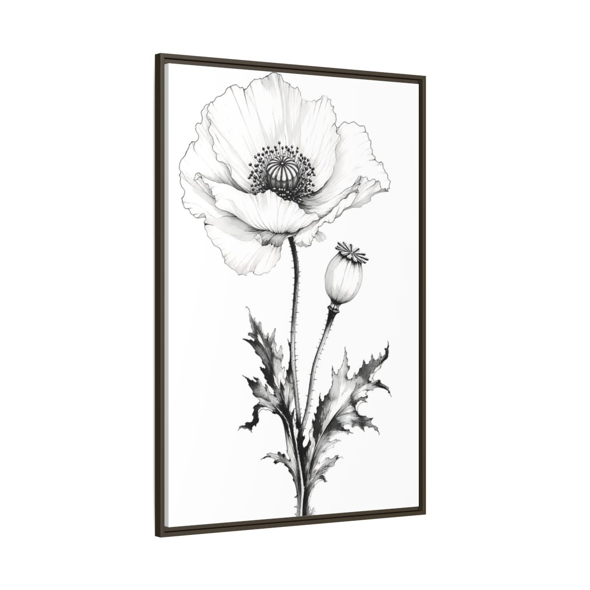 Side Mockup 8. Floral Poppy Flower Black And White Botanical shown as framed canvas print