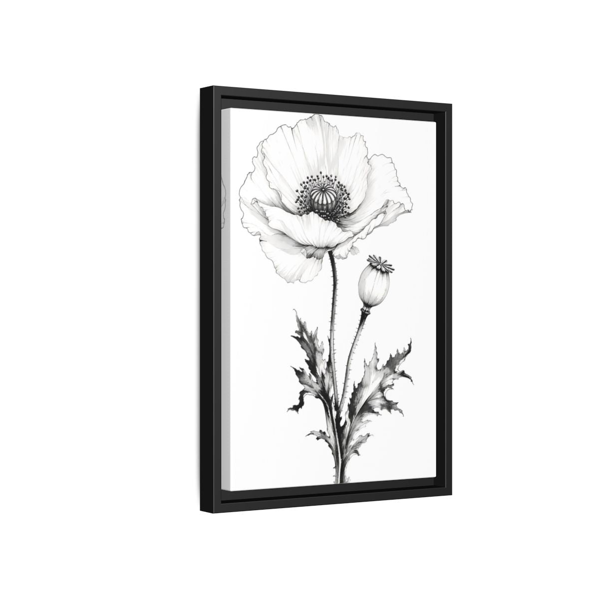 Side Mockup 6. Floral Poppy Flower Black And White Botanical shown as framed canvas print