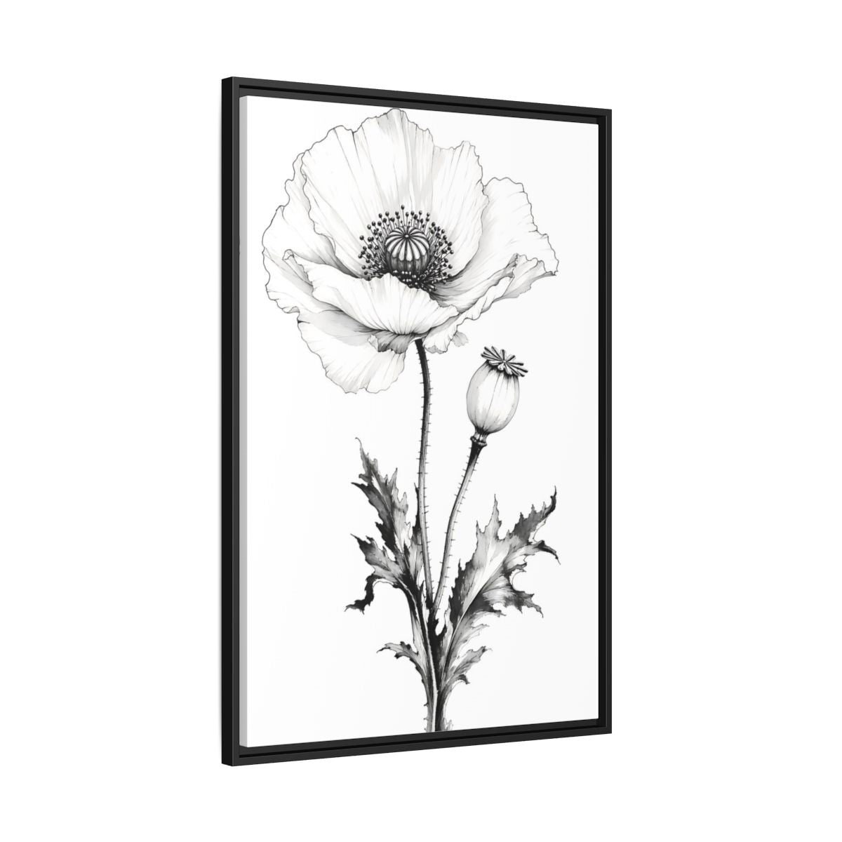 Side Mockup 13. Floral Poppy Flower Black And White Botanical shown as framed canvas print