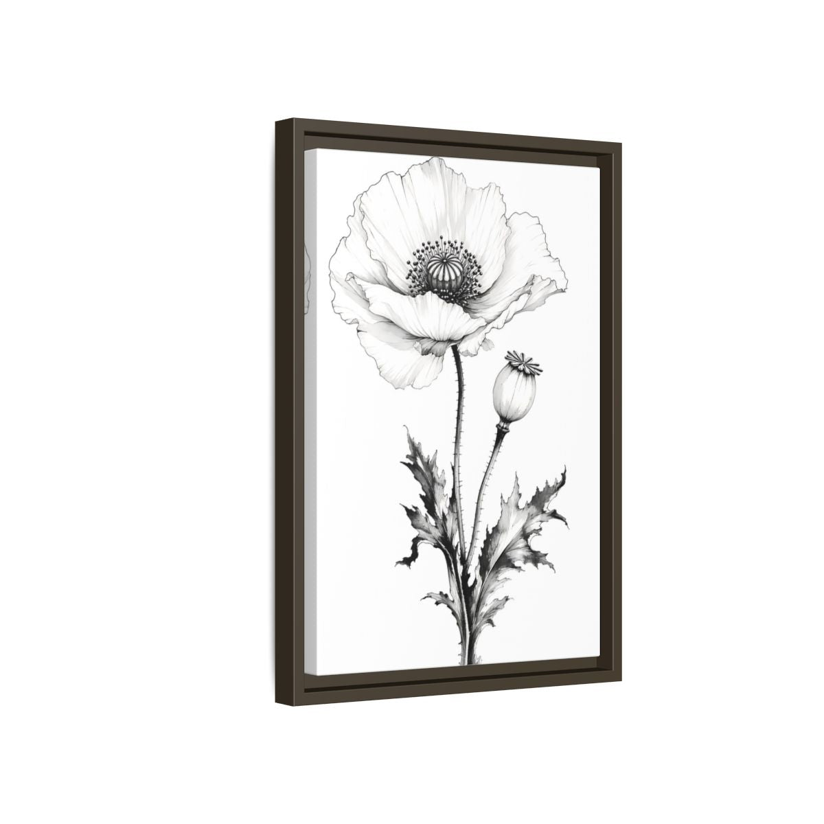 Side Mockup 5. Floral Poppy Flower Black And White Botanical shown as framed canvas print