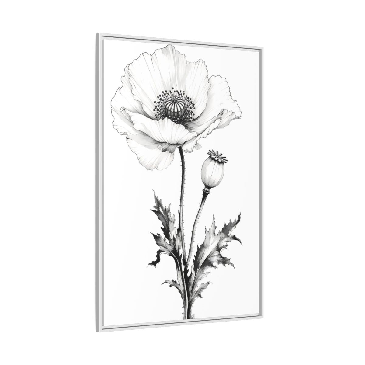 Side Mockup 7. Floral Poppy Flower Black And White Botanical shown as framed canvas print