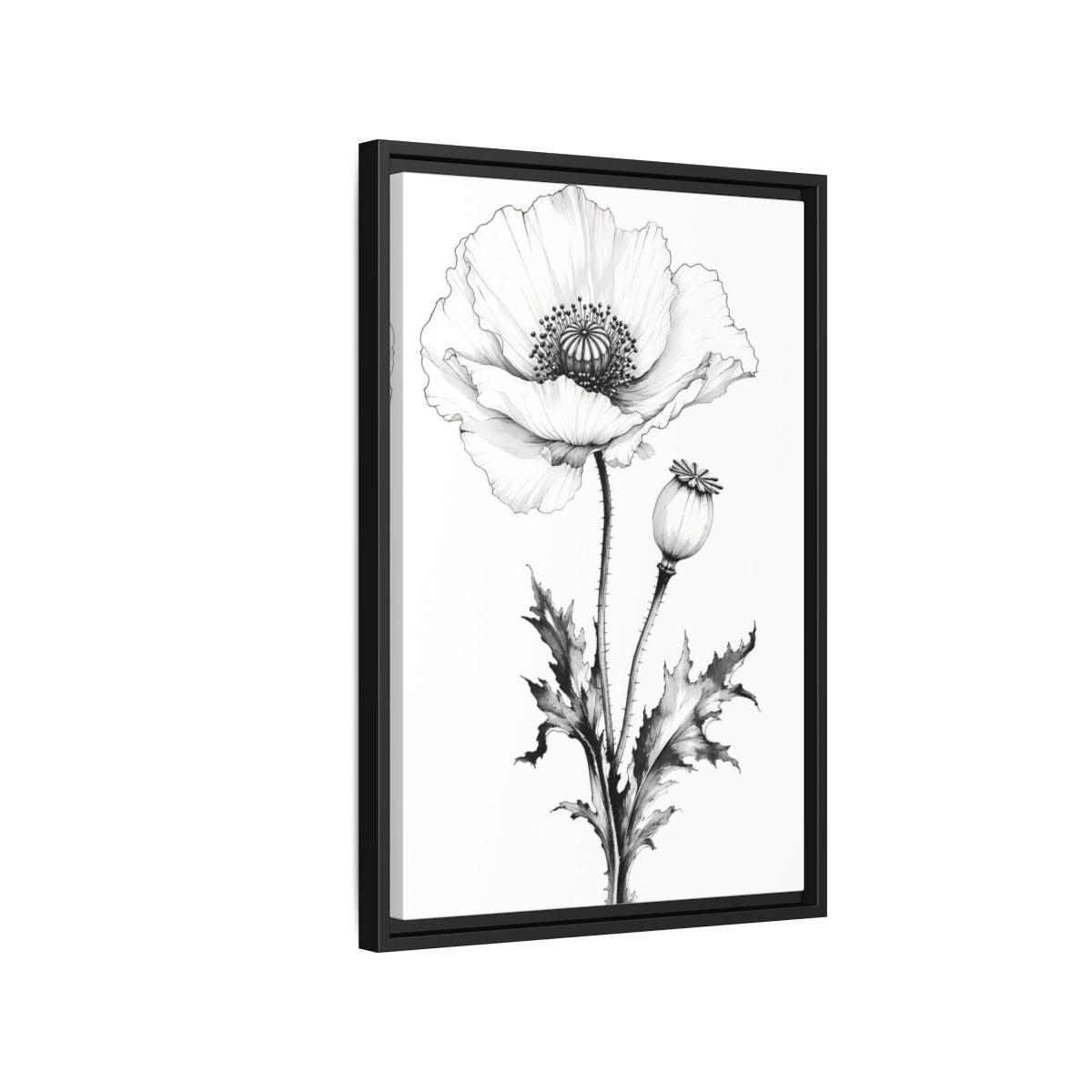 Side Mockup 3. Floral Poppy Flower Black And White Botanical shown as framed canvas print