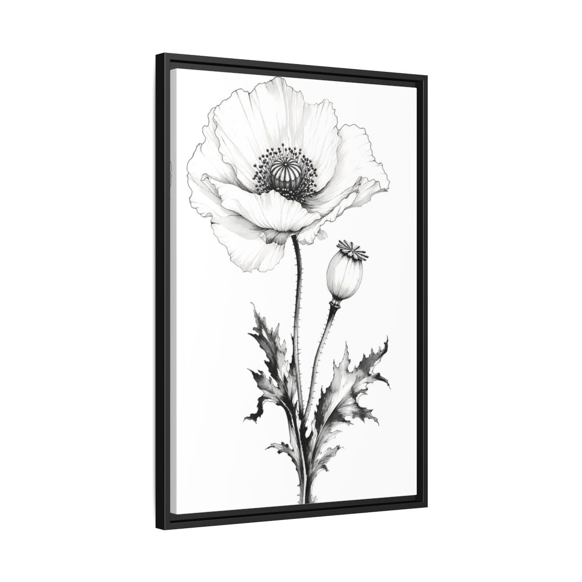 Side Mockup 14. Floral Poppy Flower Black And White Botanical shown as framed canvas print