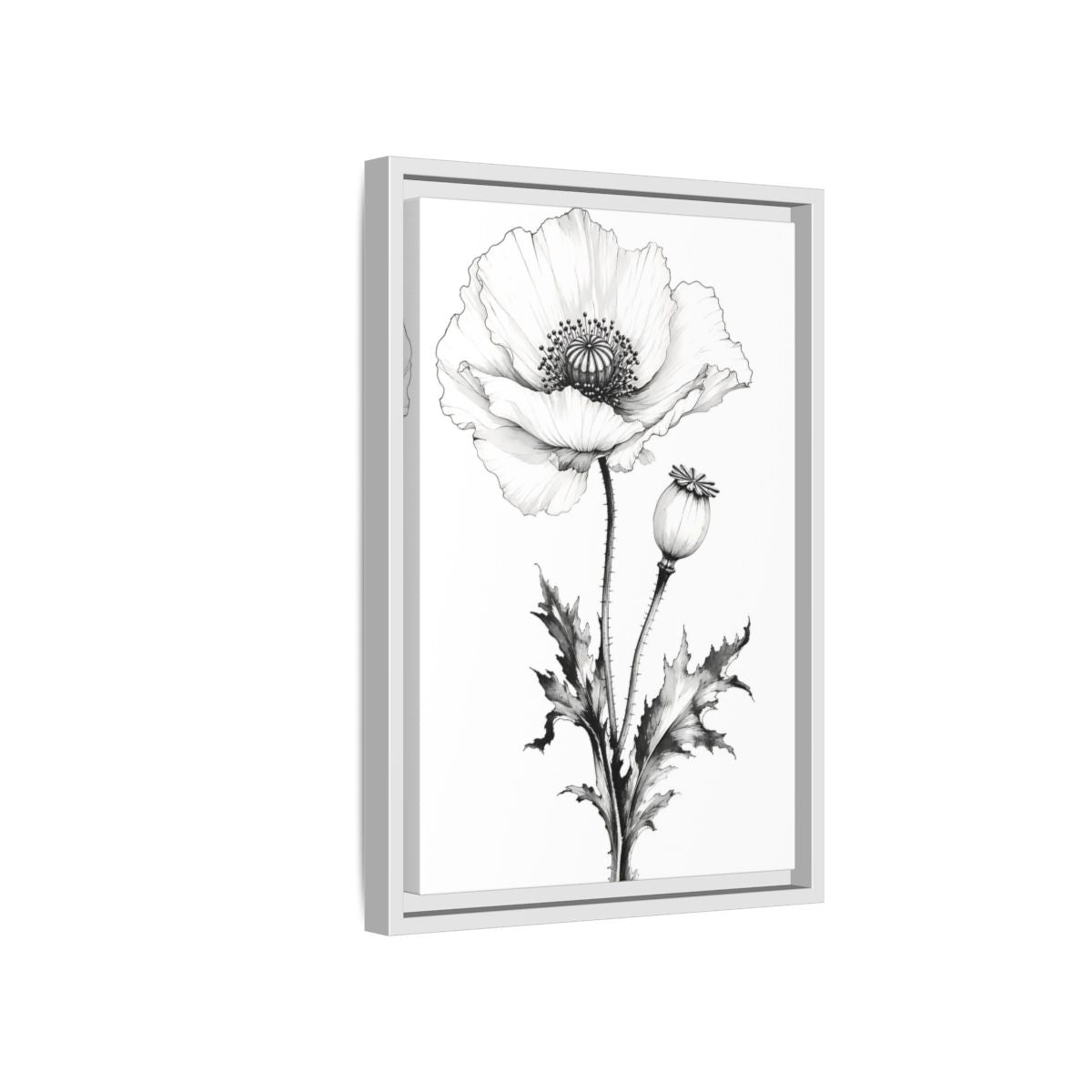 Side Mockup 4. Floral Poppy Flower Black And White Botanical shown as framed canvas print