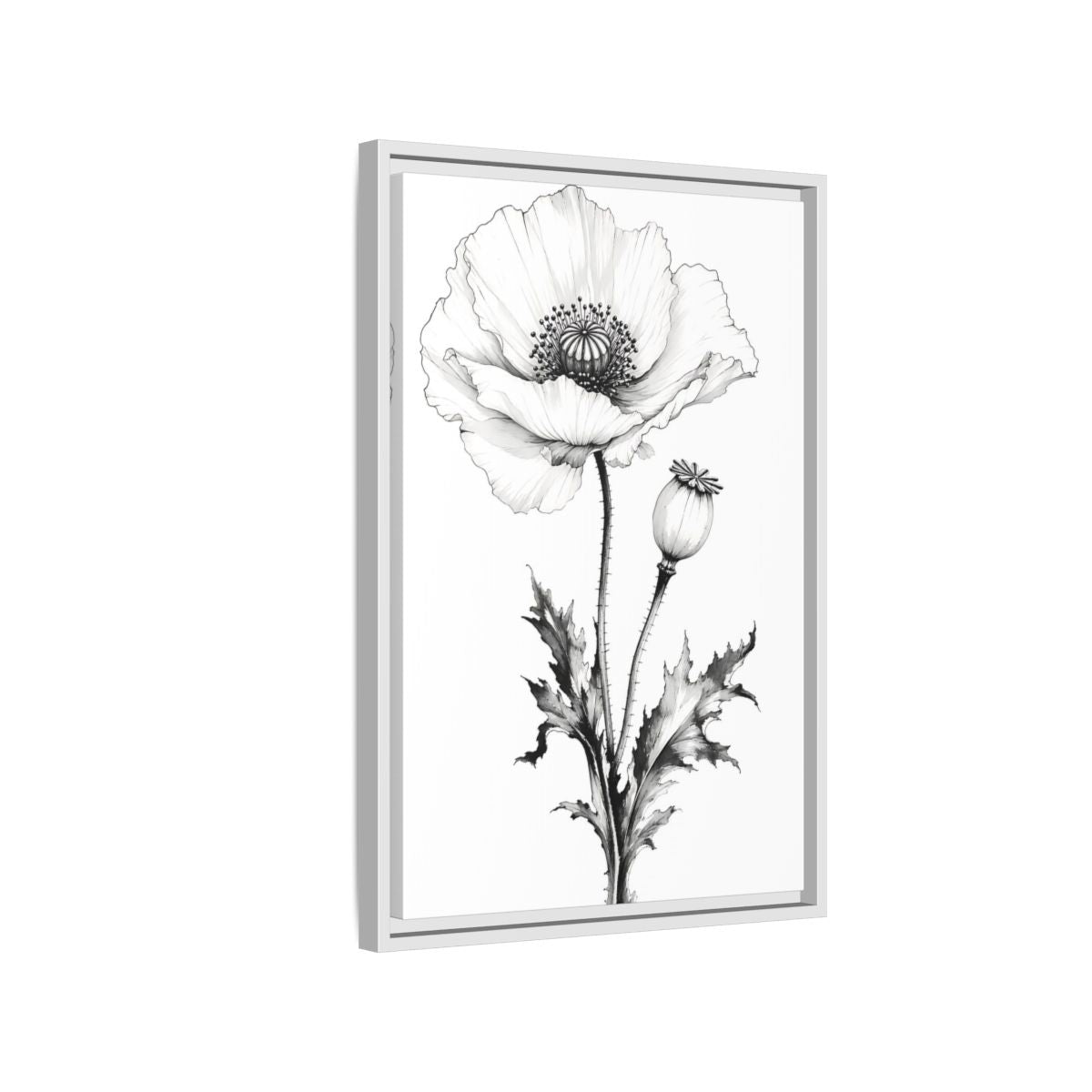 Side Mockup 1. Floral Poppy Flower Black And White Botanical shown as framed canvas print
