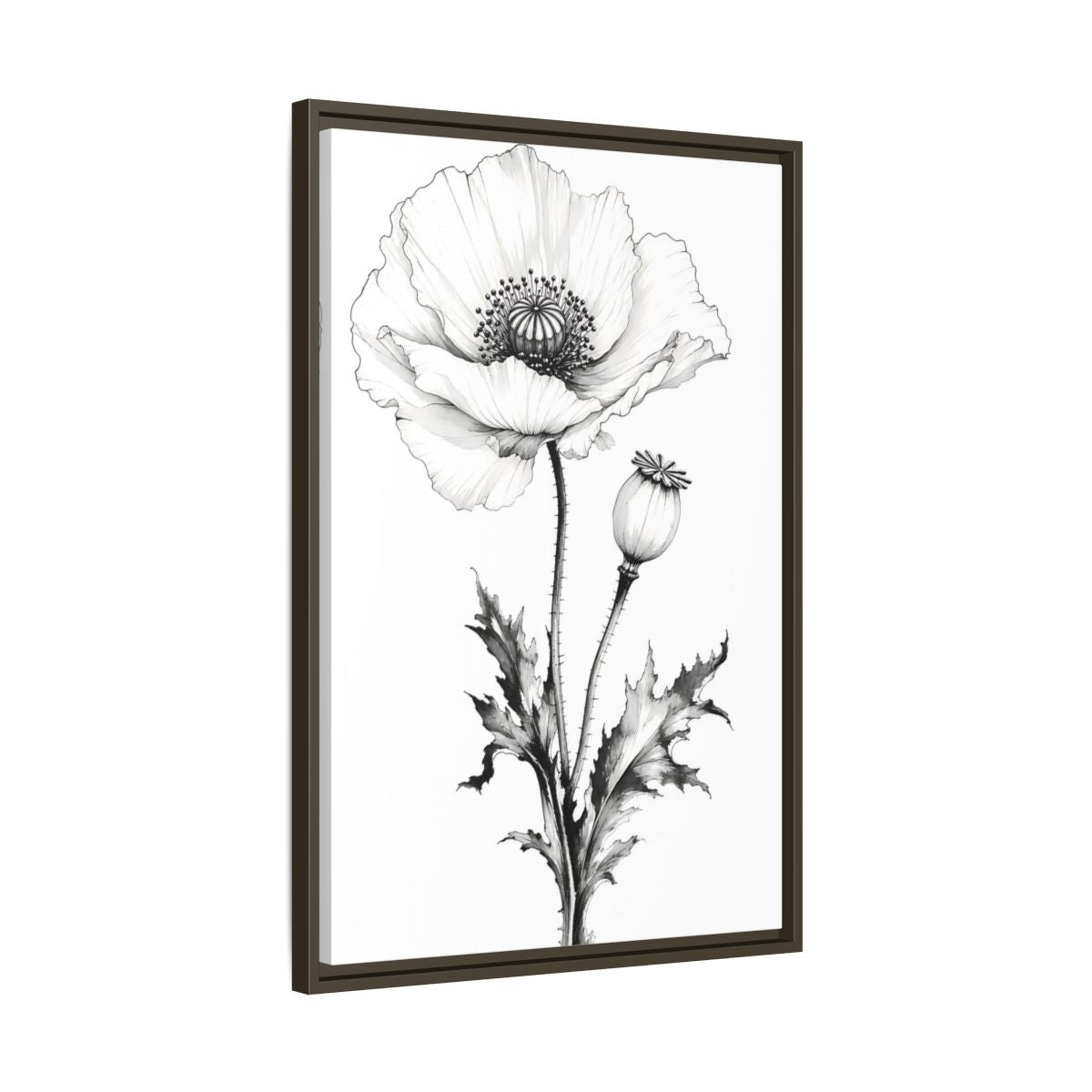 Side Mockup 11. Floral Poppy Flower Black And White Botanical shown as framed canvas print
